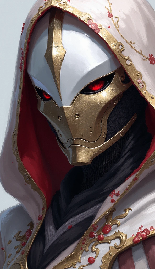 and a white mask on the hood , a detailed painting by Jin Homura, pixiv, shin hanga, highly detailed face, ahegao face, ( ( extreme details ) ), biomechanical oppai, but the armor covers your face , , Ayaka Genshin impact, azur lane style, visor covering the eyes