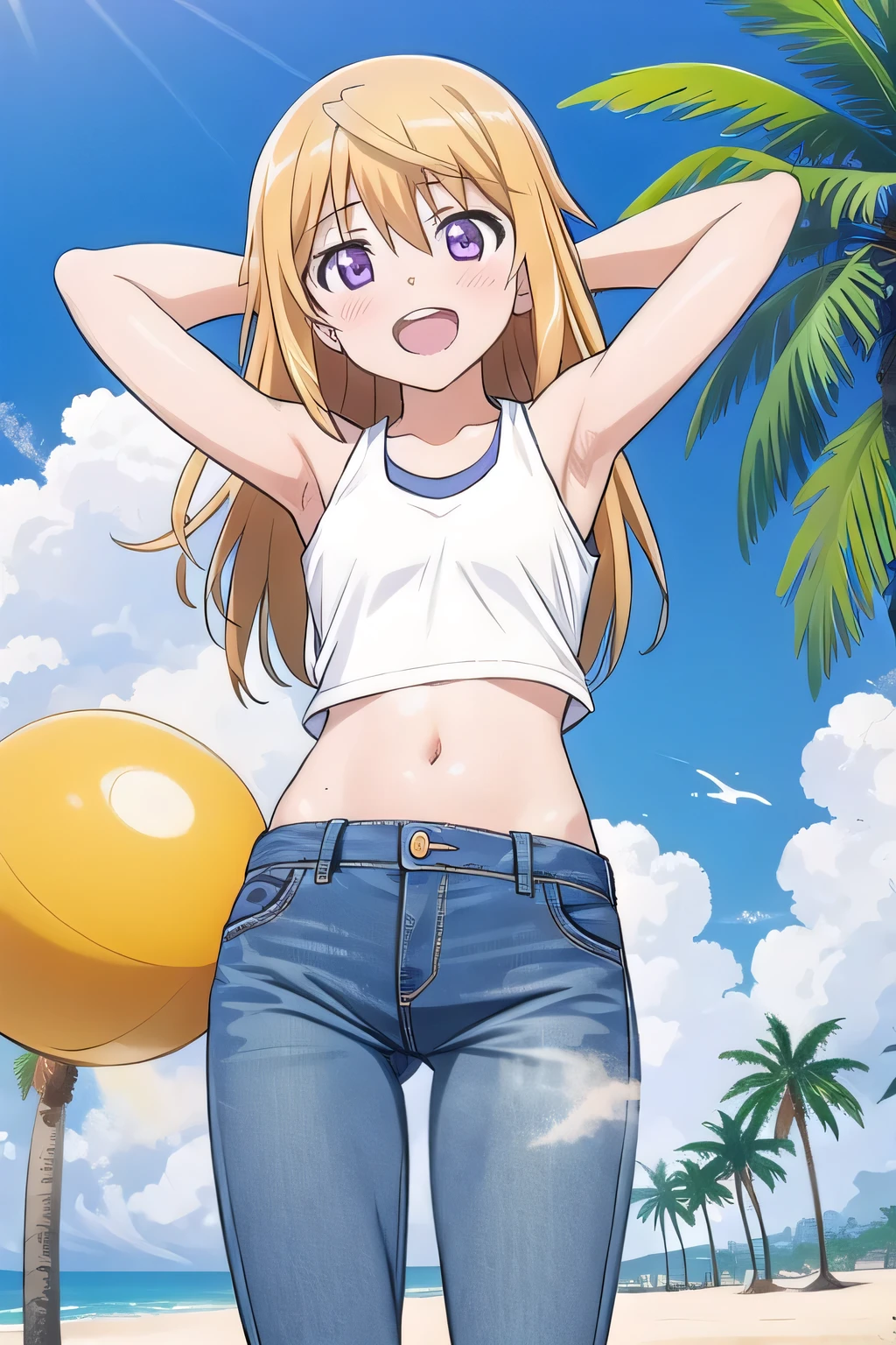 masterpiece,best quality,ultra detail, ((Perfect Face, Perfect Arms, Perfect hands, Perfect Fingers)), 1girl, , peti ((round face, ecstasy, orgasm face, drooping eyes, shame smiling, blush)), dropping eyes, sleepy, Open mouth, ((White teeth)), background((under the beach, (day:1.2), palm tree, bright sky)), charlotte dunois, long hair, blonde hair, (purple eyes:1.1), ((arms behind head, hands behind head, fingers behind head)), contrapposto, spread armpits, looking at viewer,, (white tank top:1.2), (white crop top:1.2), (jeans pants:1.2, flares jeans:1.2, skinny jeans:1.2, blue jeans:1.2), standing, (legs spread:1.4), sex pose, Sweaty crotch, Steam from the crotch, from below, whole body