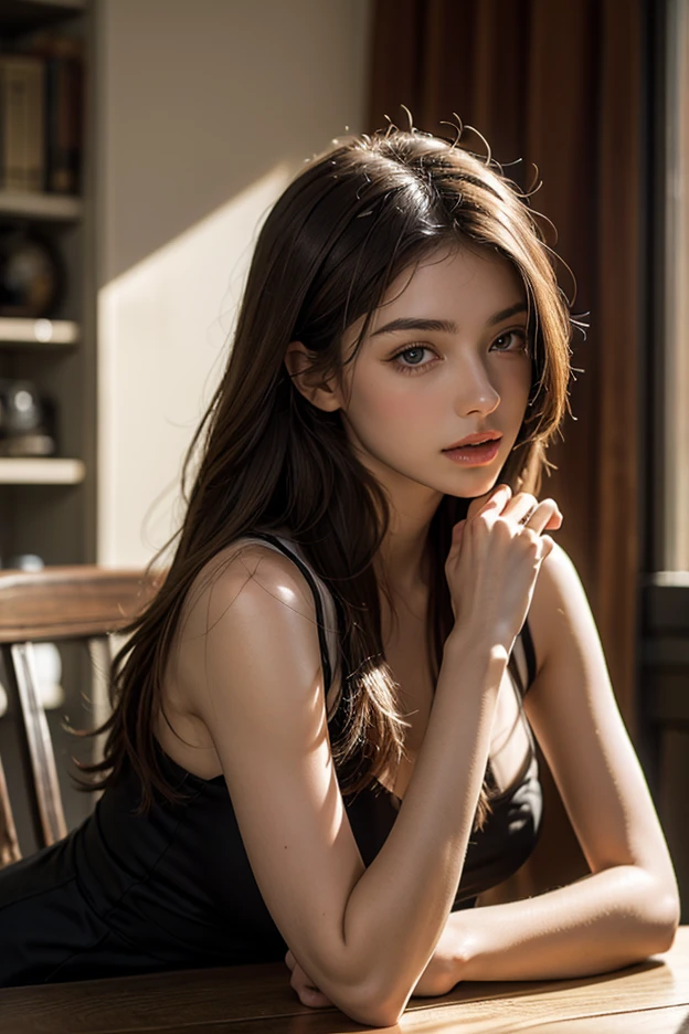 a beautiful russian woman in her 20s, light brown hair, fine white skin, attractive face, tight waist, smiling kindly, active posing, detailed eyes, beautiful detailed nose, beautiful detailed lips, long eyelashes, perfectly balanced body, (best quality,8k,highres,masterpiece:1.2),ultra-detailed,(realistic,photorealistic,photo-realistic:1.37),HDR,UHD,studio lighting,ultra-fine painting,sharp focus,physically-based rendering,extreme detail description,professional,vivid colors,bokeh,portrait,seductive gaze,sitting with legs crossed, black clothes,Tying up hair