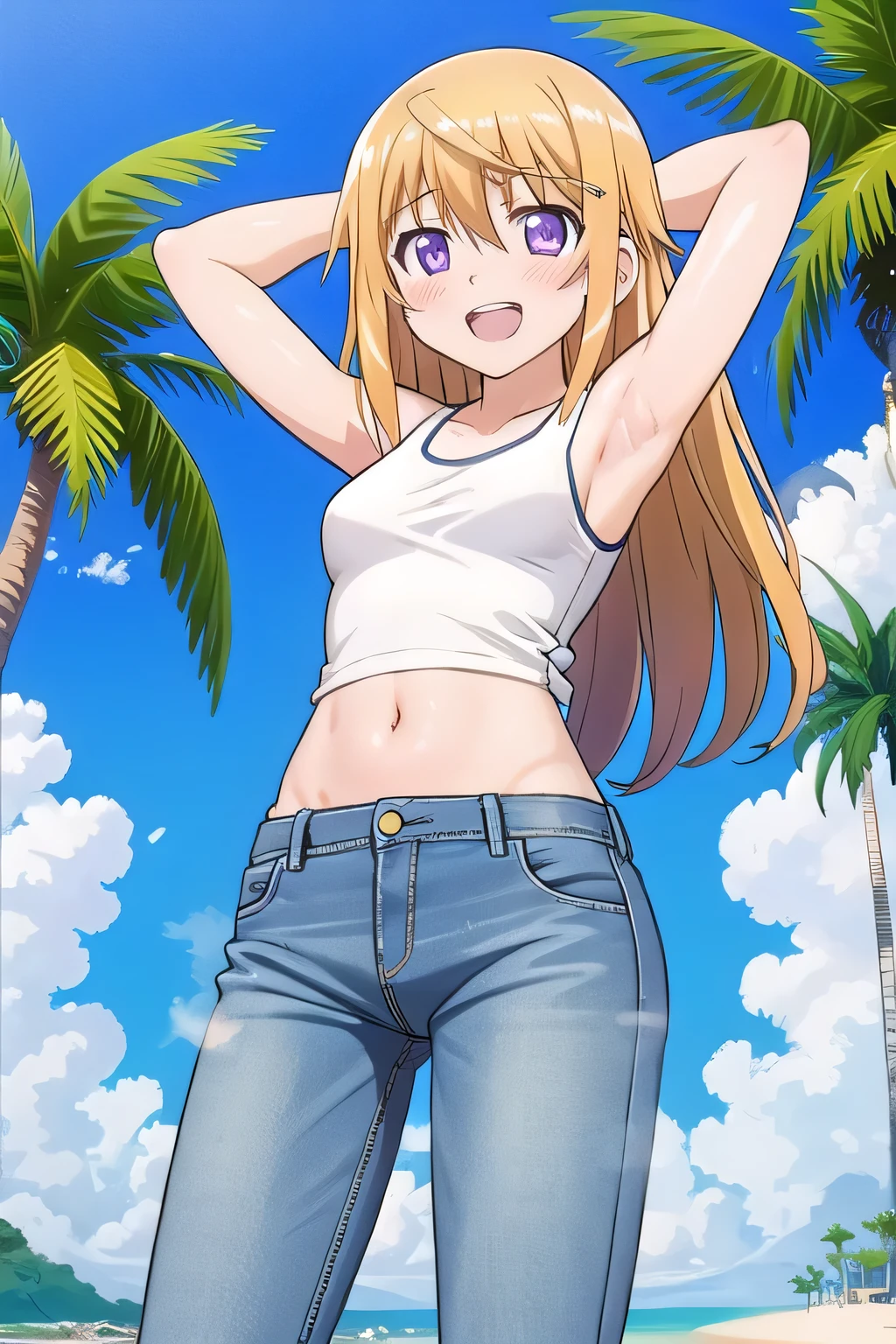 masterpiece,best quality,ultra detail, ((Perfect Face, Perfect Arms, Perfect hands, Perfect Fingers)), 1girl, , peti ((round face, ecstasy, orgasm face, drooping eyes, shame smiling, blush)), dropping eyes, sleepy, Open mouth, ((White teeth)), background((under the beach, (day:1.2), palm tree, bright sky)), charlotte dunois, long hair, blonde hair, (purple eyes:1.1), ((arms behind head, hands behind head, fingers behind head)), contrapposto, spread armpits, looking at viewer,, (white tank top:1.2), (white crop top:1.2), (jeans pants:1.2, flares jeans:1.2, skinny jeans:1.2, blue jeans:1.2), standing, (legs spread:1.4), sex pose, Sweaty crotch, Steam from the crotch, from below, whole body