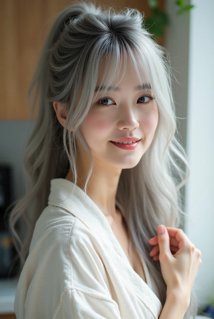 photograph、 creative 、Absolute beauty, Attractive 50 year old, 5' 5"Japanese Actress,、Young looking woman、 very long gray hair 、High ponytail、Detailed eyes、smile、 exposure of shoulder 、Bangs covering the right eye、Detailed eyes, Fluffy bangs, Hair above the eyes, smile, I love you, wearing a bathrobe , shoulder, sandals , Raise your arms, Put your hands in your hair、Tilt your head、feet、 cute pose、kitchen、leaning on kitchen counter、string of feet 、 perfect lighting、 High Resolution 、 depth of field、A flawless masterpiece、
