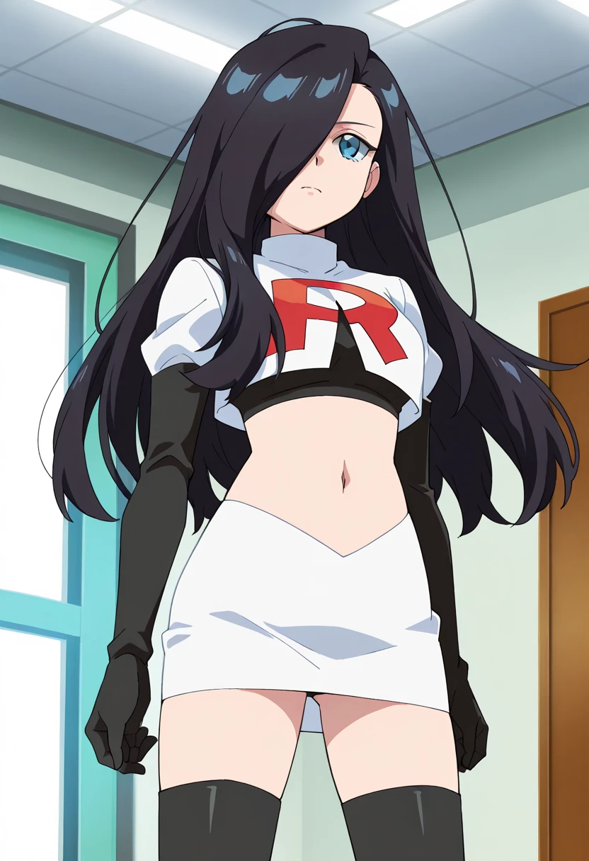 ((team rocket uniform,red letter r,white skirt,white crop top,black thigh-high boots,black elbow gloves,glaring angrily,looking down at viewer,hands on hips,from below)),(best quality,4k,8k,highres,masterpiece:1.2),ultra-detailed,(realistic,photorealistic,photo-realistic:1.37),((HDR,UHD,studio lighting,extreme detail description,professional,portraits,red color scheme,dramatic lighting)),{{sexy squat on toilet, spread legs,black panties,Tsuchimikado Natsume,UHD}}
