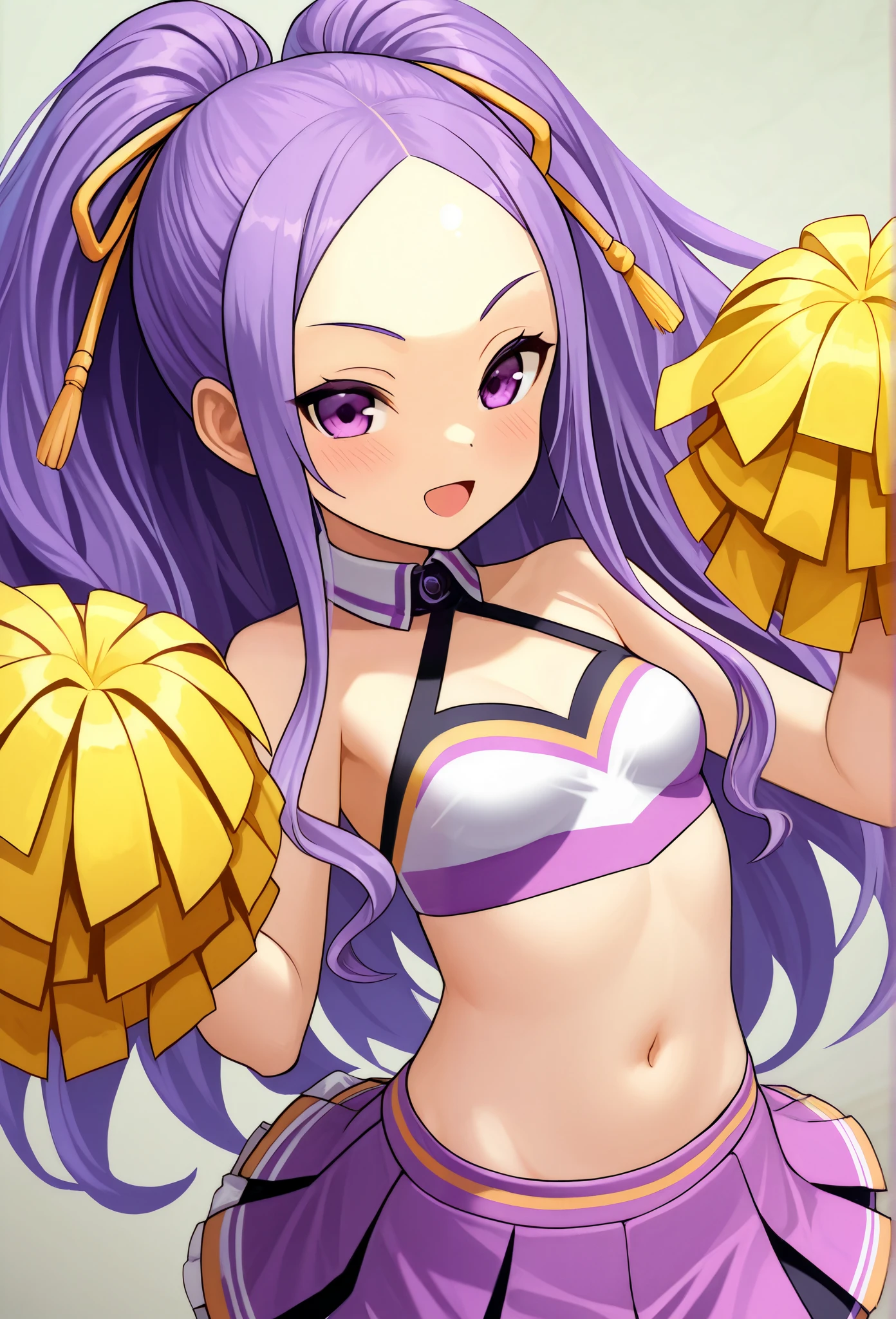 1 part-time girl , long hair, purple hair, PURPLE EYES , double ponytail, Forehead, Cheerleading uniforms, sleeveless, Navel, skirt, high quality , very beautiful , absurd, high res , Latest,