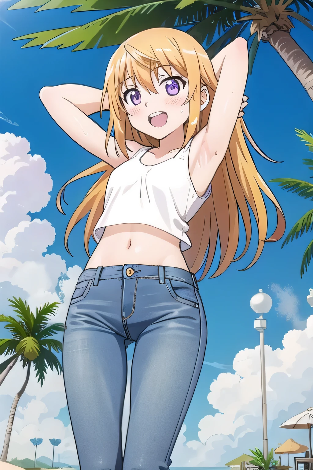 masterpiece,best quality,ultra detail, ((Perfect Face, Perfect Arms, Perfect hands, Perfect Fingers)), 1girl, , peti ((round face, ecstasy, orgasm face, drooping eyes, shame smiling, blush)), dropping eyes, sleepy, Open mouth, ((White teeth)), background((under the beach, (day:1.2), palm tree, bright sky)), charlotte dunois, long hair, blonde hair, (purple eyes:1.1), ((arms behind head, hands behind head, fingers behind head)), contrapposto, spread armpits, looking at viewer,, (white tank top:1.2), (white crop top:1.2), (jeans pants:1.2, flares jeans:1.2, skinny jeans:1.2, blue jeans:1.2), standing, (legs spread:1.4), sex pose, Sweaty crotch, Steam from the crotch, from below, full medium body