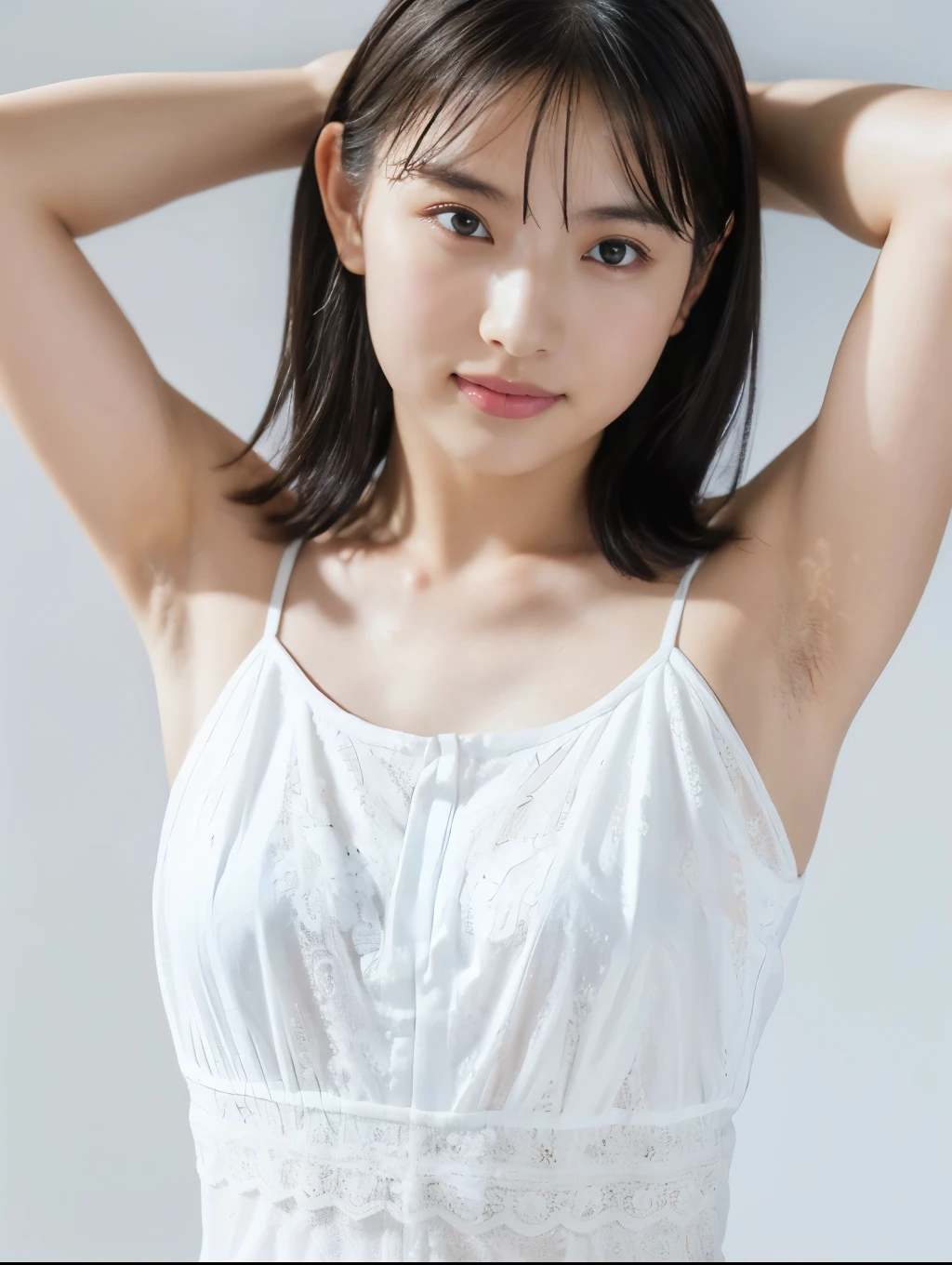 1girl, portrait, (Japanese girl, hands behind head, hairy armpit exposed), (hairy armpits, armpit hair:1.4), ((white camisole dress, lace)), skinny body, (flat chest:1.3), shiny pale skin:1.2, (glossy lips, blush), white wall, studio lighting, looking at viewer, Realistic, (real picture, Intricate details), natural skin texture:1.5
