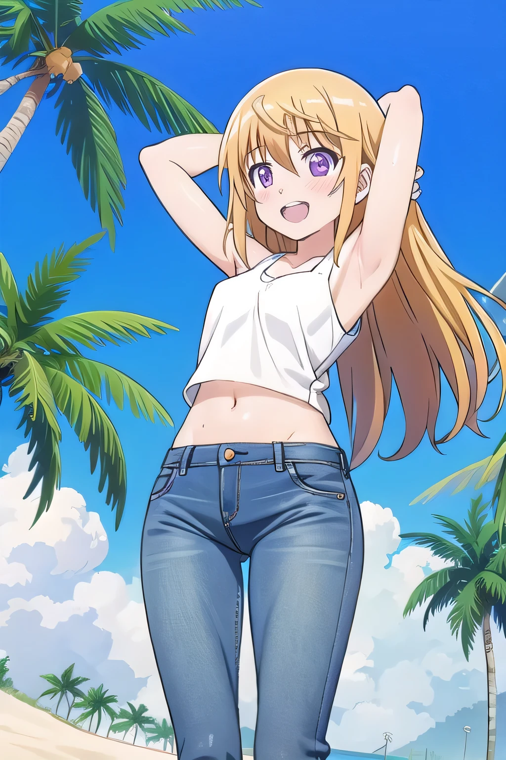 masterpiece,best quality,ultra detail, ((Perfect Face, Perfect Arms, Perfect hands, Perfect Fingers)), 1girl, , peti ((round face, ecstasy, orgasm face, drooping eyes, shame smiling, blush)), dropping eyes, sleepy, Open mouth, ((White teeth)), background((under the beach, (day:1.2), palm tree, bright sky)), charlotte dunois, long hair, blonde hair, (purple eyes:1.1), ((arms behind head, hands behind head, fingers behind head)), contrapposto, spread armpits, looking at viewer,, (white tank top:1.2), (white crop top:1.2), (jeans pants:1.2, flares jeans:1.2, skinny jeans:1.2, blue jeans:1.2), standing, (legs spread:1.4), sex pose, Sweaty crotch, Steam from the crotch, from below, full medium body