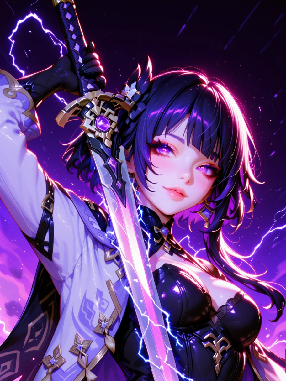 a woman in a purple dress holding a sword and a purple lightning,