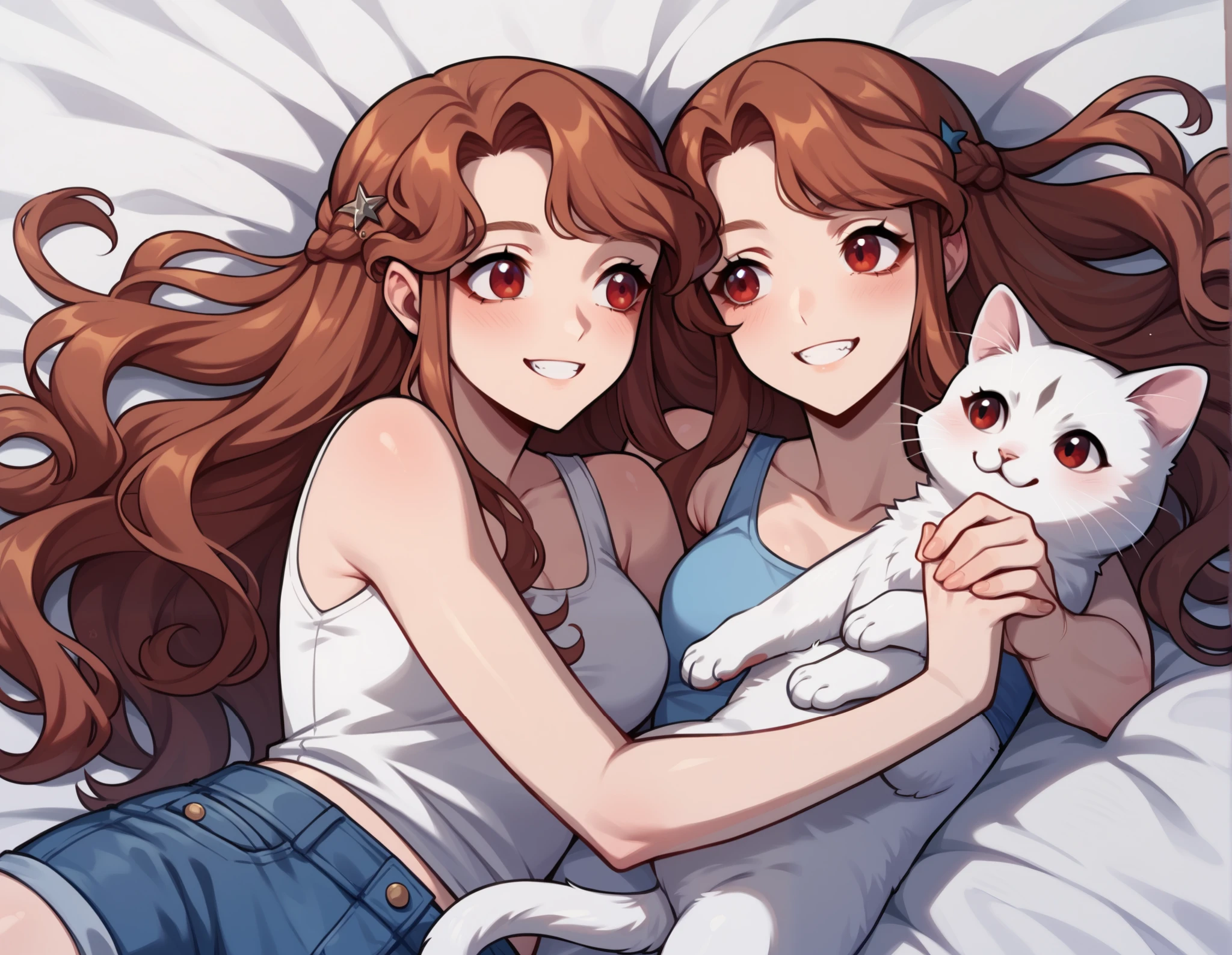 Anime illustration, (A cute young lady is holding a white cat\(American Shorthair cat, in her chest\), she and the cat are looking at each other intently), wavy hair, long hair, red eyes, smile, wearing a white tank top with shorts, She is lying on back in a comfy large bed