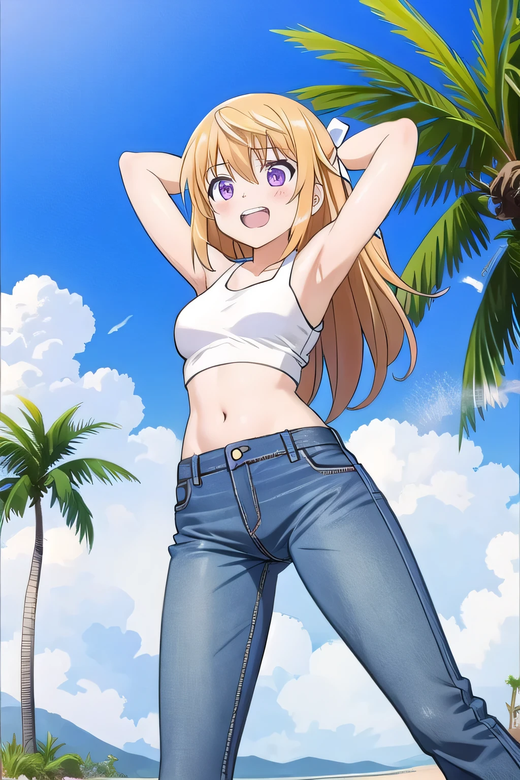 masterpiece,best quality,ultra detail, ((Perfect Face, Perfect Arms, Perfect hands, Perfect Fingers)), 1girl, , peti ((round face, ecstasy, orgasm face, drooping eyes, shame smiling, blush)), dropping eyes, sleepy, Open mouth, ((White teeth)), background((under the beach, (day:1.2), palm tree, bright sky)), charlotte dunois, long hair, blonde hair, ribbon, hair ribbon, (purple eyes:1.1), ((arms behind head, hands behind head, fingers behind head)), contrapposto, spread armpits, looking at viewer,, (white tank top:1.2), (white crop top:1.2), (jeans pants:1.2, flares jeans:1.2, skinny jeans:1.2, blue jeans:1.2), standing, (legs spread:1.4), sex pose, Sweaty crotch, Steam from the crotch, from below, full medium body