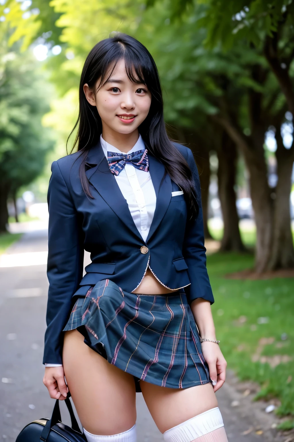 (masterpiece, highest quality:1.4), award-winning portraits, 8K, 85mm, alone, beautiful face, delicate girl, , (dark navy blazer jacket), dark navy skirt, long sleeve, violaces, gardenia, grace, Sophisticated, cute, teen, looking at the viewer, 15 years old, Raw photo, disorganized, HDR, sharp focus, A bow tie, background bokeh、(((flat 、thin and delicate body、A childish atmosphere)))、Her shiny semi-long hair is tied up、hair swaying in the wind、Mole on the left cheek、large, round, dark blue eyes、full body、random pose、Run、sprinting、Skirt fluttering in the wind、Junior idol、Nogizaka Idol、widening skirt、jump、mole under eye、sexy、white underwear
