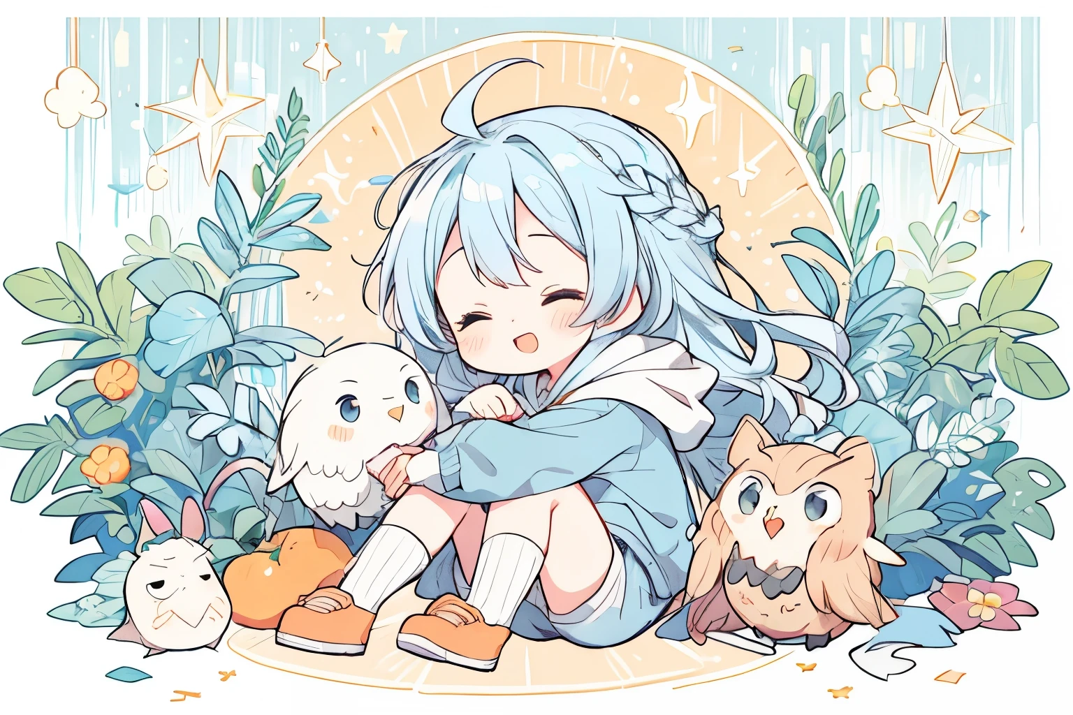 (masterpiece:1.2, best quality), a girl hugs (one) owl,((orange heart shaped patterns)) are arranged,solo,chibi ,a cute girl:0.7\(french braid hair on top,light blue hair, long hair, fluffy hair,french braid hair on top,white skin,closed-eyes:1.5,no nose,small mouth,clothes\(light blue hoodie,gray short pants,stripe light gray and white stripe knee high socks),cute illustration,hand draw:1.5,happy Valentine atmosphere