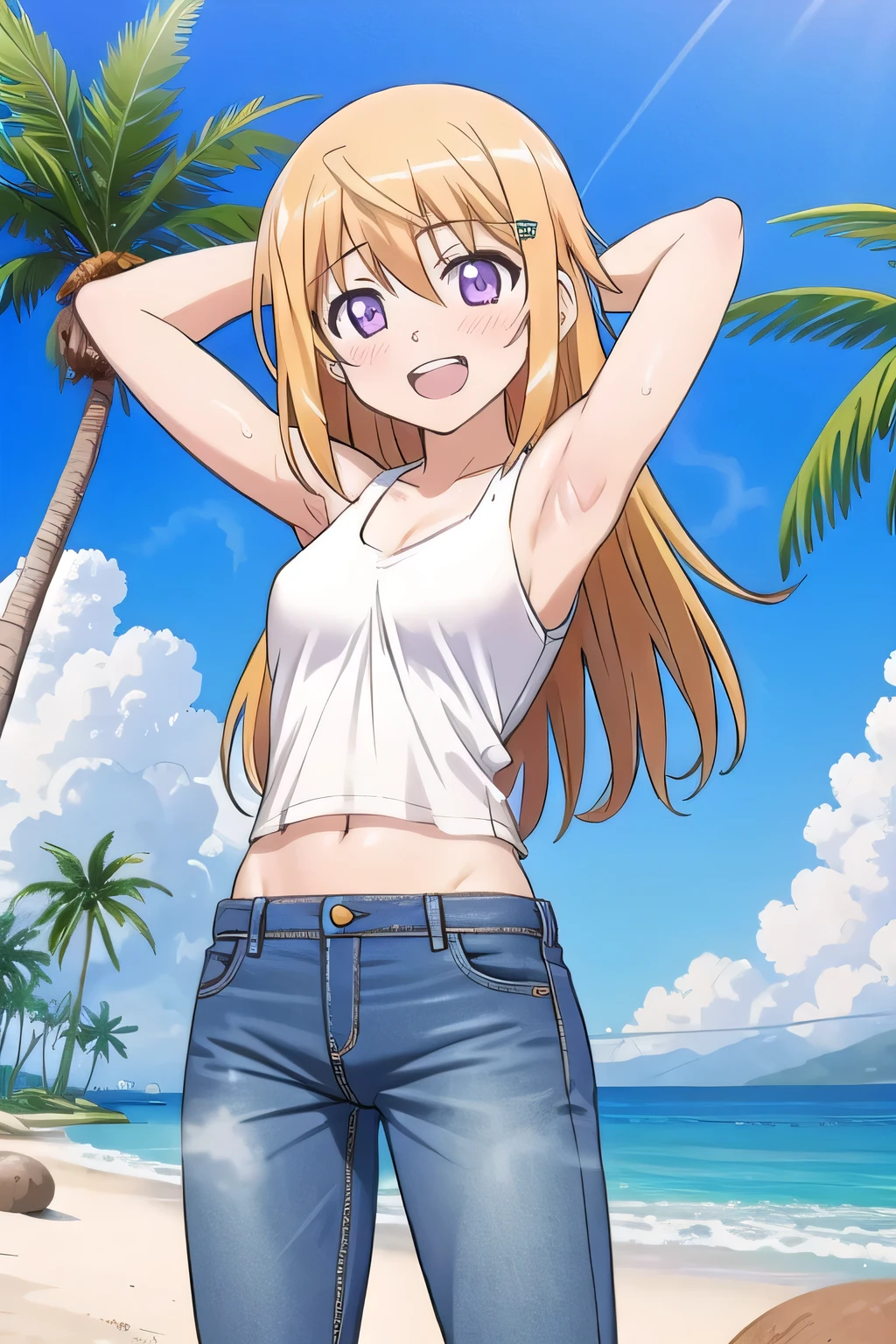 masterpiece,best quality,ultra detail, ((Perfect Face, Perfect Arms, Perfect hands, Perfect Fingers)), 1girl, , peti ((round face, ecstasy, orgasm face, drooping eyes, shame smiling, blush)), dropping eyes, sleepy, Open mouth, ((White teeth)), background((under the beach, (day:1.2), palm tree, bright sky)), charlotte dunois, long hair, blonde hair, ribbon, hair ribbon, (purple eyes:1.1), ((arms behind head, hands behind head, fingers behind head)), contrapposto, spread armpits, looking at viewer,, (white tank top:1.2), (white crop top:1.2), (jeans pants:1.2, flares jeans:1.2, skinny jeans:1.2, blue jeans:1.2), standing, (legs spread:1.4), sex pose, Sweaty crotch, Steam from the crotch, from below, full medium body