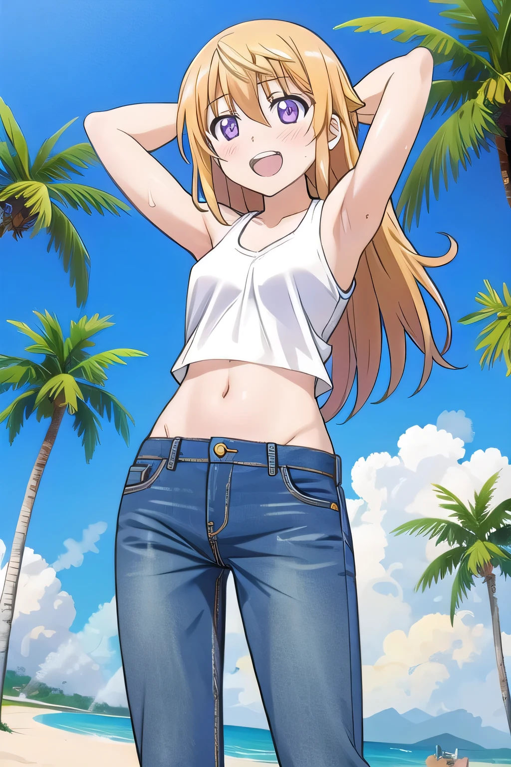 masterpiece,best quality,ultra detail, ((Perfect Face, Perfect Arms, Perfect hands, Perfect Fingers)), 1girl, , peti ((round face, ecstasy, orgasm face, drooping eyes, shame smiling, blush)), dropping eyes, sleepy, Open mouth, ((White teeth)), background((under the beach, (day:1.2), palm tree, bright sky)), charlotte dunois, long hair, blonde hair, ribbon, hair ribbon, (purple eyes:1.1), ((arms behind head, hands behind head, fingers behind head)), contrapposto, spread armpits, looking at viewer,, (white tank top:1.2), (white crop top:1.2), (jeans pants:1.2, flares jeans:1.2, skinny jeans:1.2, blue jeans:1.2), standing, (legs spread:1.4), sex pose, Sweaty crotch, Steam from the crotch, from below, full medium body