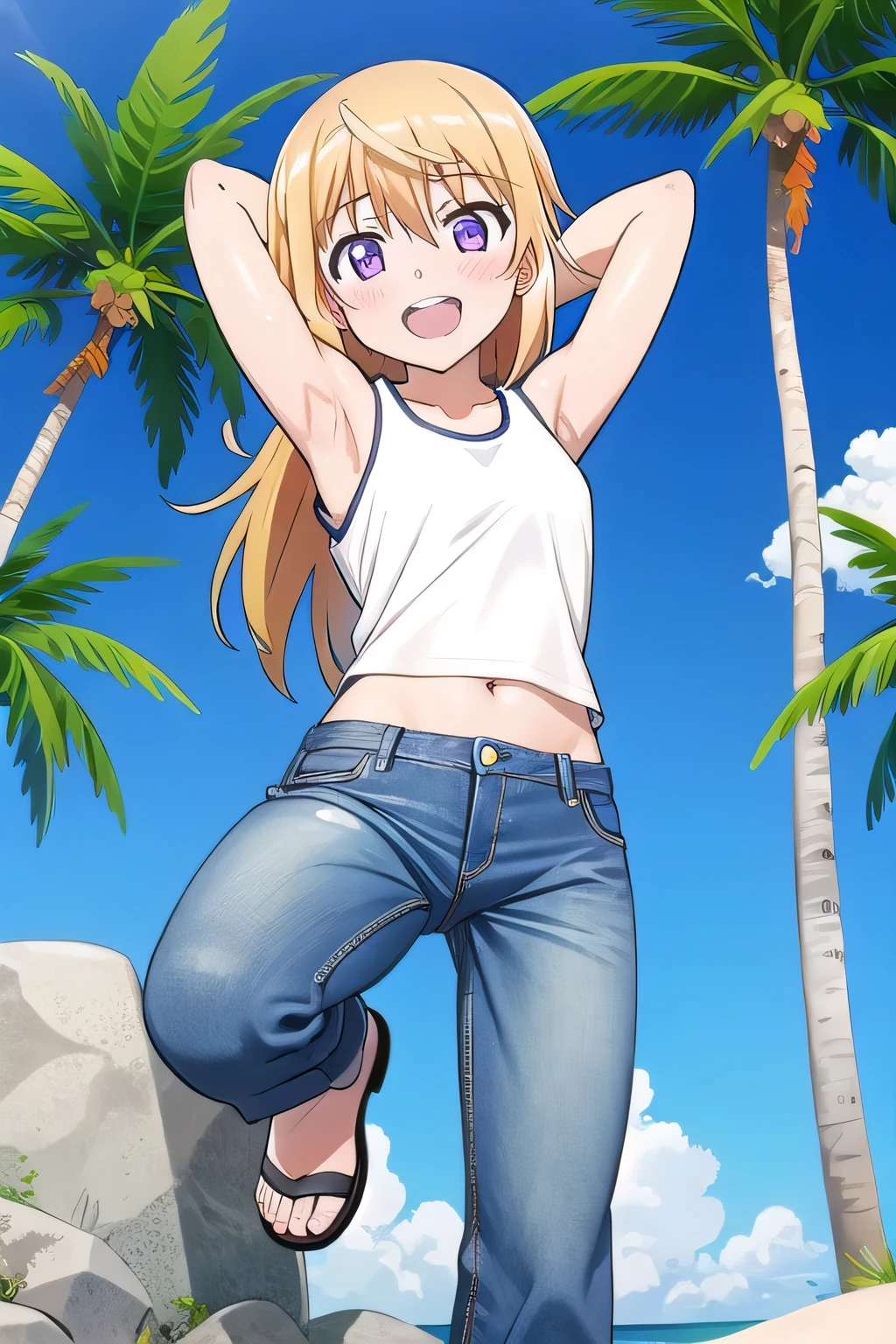 masterpiece,best quality,ultra detail, ((Perfect Face, Perfect Arms, Perfect hands, Perfect Fingers)), 1girl, , peti ((round face, ecstasy, orgasm face, drooping eyes, shame smiling, blush)), dropping eyes, sleepy, Open mouth, ((White teeth)), background((under the beach, (day:1.2), palm tree, bright sky)), charlotte dunois, long hair, blonde hair, ribbon, hair ribbon, (purple eyes:1.1), ((arms behind head, hands behind head, fingers behind head)), contrapposto, spread armpits, looking at viewer,, (white tank top:1.2), (white crop top:1.2), (jeans pants:1.2, flares jeans:1.2, skinny jeans:1.2, blue jeans:1.2), standing, (legs spread:1.4), sex pose, Sweaty crotch, Steam from the crotch, from below, full medium body
