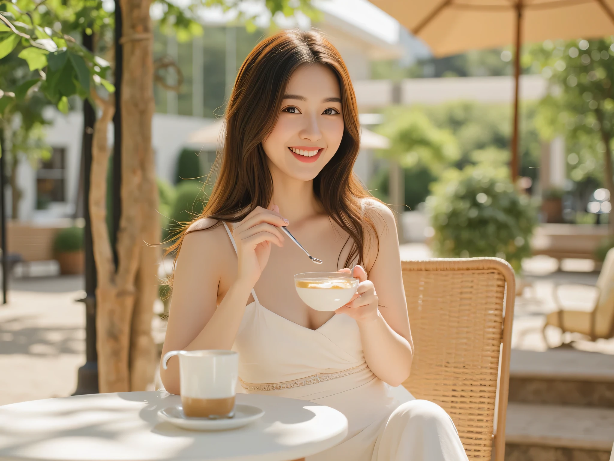 A charming 20-something cute super sexy Japanese person enjoying a relaxing time at a stylish terrace café, with a warm and radiant smile. They are dressed fashionably in warm colors such as soft white, wearing a revealing yet elegant outfit that highlights their allure. Seated comfortably, they exude grace and sophistication as they take a sip of a beautifully crafted coffee, stir their drink with a delicate spoon, or playfully admire the foam art in their cup. Their smile is inviting and full of joy, adding to their captivating presence. The background features a chic outdoor café with lush greenery, modern furnishings, and a gentle breeze rustling through. Sunlight casts a soft golden glow, creating a warm, dreamy, and enchanting atmosphere. The mood is cozy, refined, and effortlessly charming.