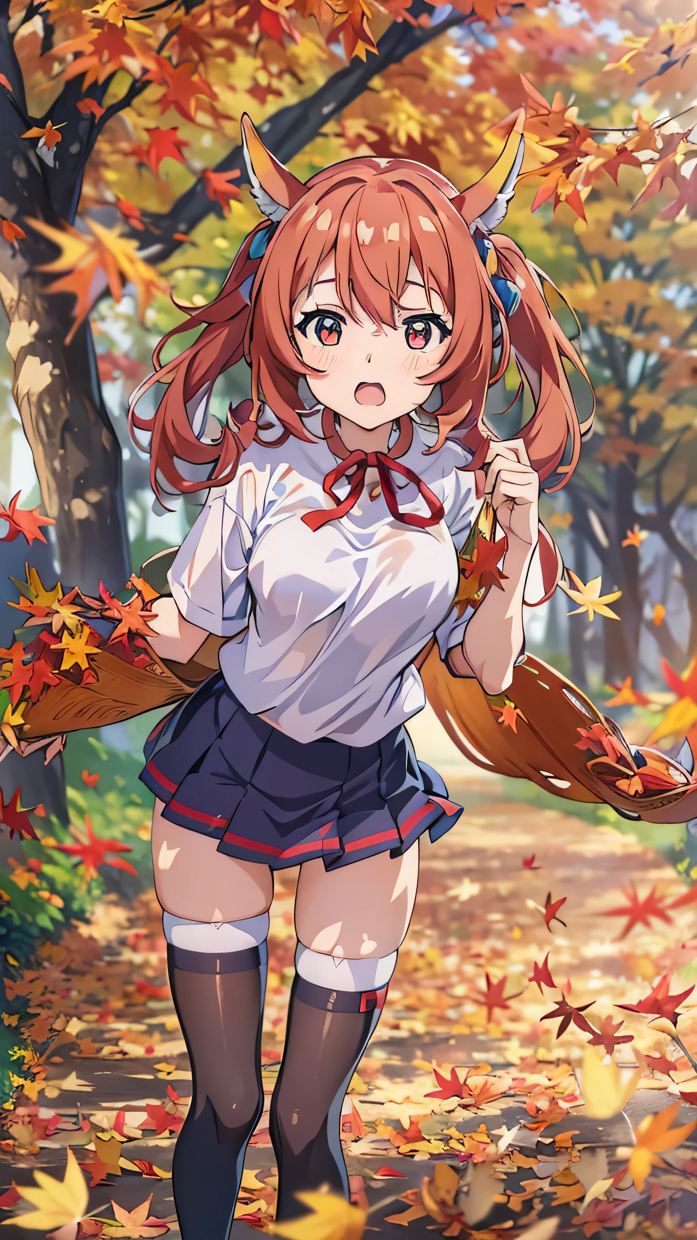  in high definition、8k, masterpiece, Japanese, anime girl , from before , innocent face, gentle eyes, ish, t-shirts,Short sleeve, short skirt,Semilong Uma Musume、,noon, bright,Autumn leaves season、Red autumn leaves。