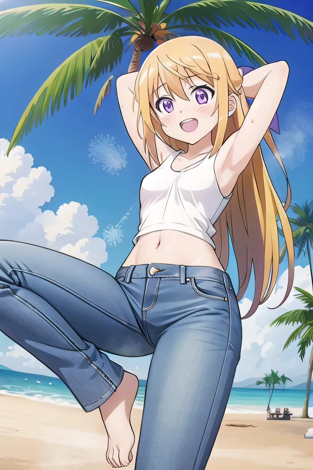 masterpiece,best quality,ultra detail, ((Perfect Face, Perfect Arms, Perfect hands, Perfect Fingers)), 1girl, , peti ((round face, ecstasy, orgasm face, drooping eyes, shame smiling, blush)), dropping eyes, sleepy, Open mouth, ((White teeth)), background((under the beach, (day:1.2), palm tree, bright sky)), charlotte dunois, long hair, blonde hair, ribbon, hair ribbon, (purple eyes:1.1), ((arms behind head, hands behind head, fingers behind head)), contrapposto, spread armpits, looking at viewer,, (white tank top:1.2), (white crop top:1.2), (jeans pants:1.2, flares jeans:1.2, skinny jeans:1.2, blue jeans:1.2), standing, (legs spread:1.4), sex pose, Sweaty crotch, Steam from the crotch, from below, full medium body