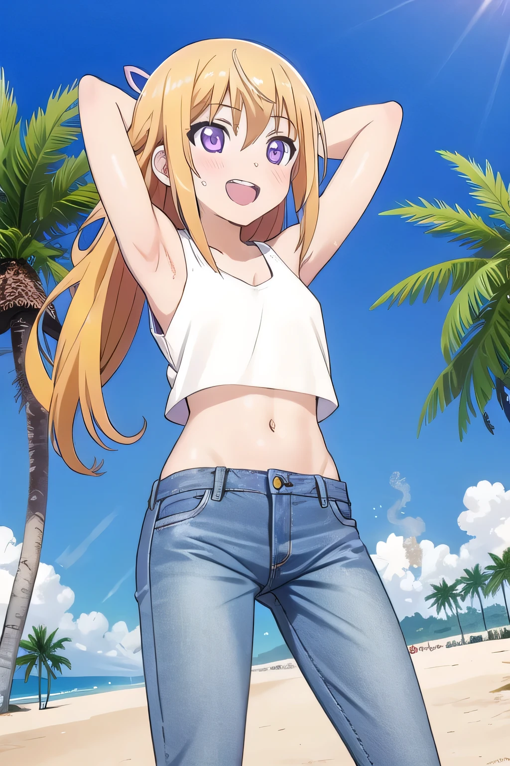 masterpiece,best quality,ultra detail, ((Perfect Face, Perfect Arms, Perfect hands, Perfect Fingers)), 1girl, , peti ((round face, ecstasy, orgasm face, drooping eyes, shame smiling, blush)), dropping eyes, sleepy, Open mouth, ((White teeth)), background((under the beach, (day:1.2), palm tree, bright sky)), charlotte dunois, long hair, blonde hair, ribbon, hair ribbon, (purple eyes:1.1), ((arms behind head, hands behind head, fingers behind head)), contrapposto, spread armpits, looking at viewer,, (white tank top:1.2), (white crop top:1.2), (jeans pants:1.2, flares jeans:1.2, skinny jeans:1.2, blue jeans:1.2), standing, (legs spread:1.4), sex pose, Sweaty crotch, Steam from the crotch, from below, full medium body
