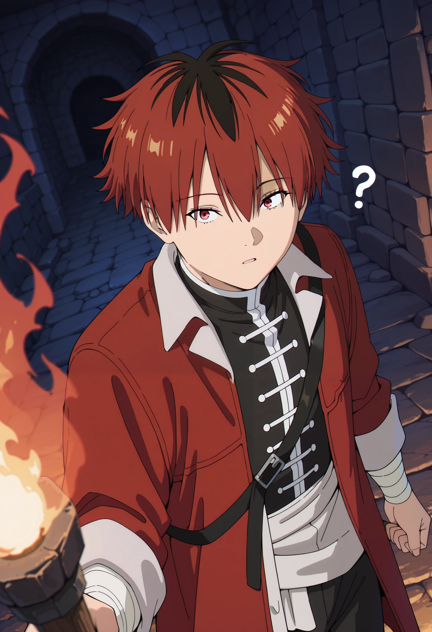 masterpiece, best quality, intricate details, , , , 1boy, solo, male focus, stark_sousou_no_frieren, red hair, red eyes, short hair, bangs, hair between eyes, multicolored hair, two-tone hair, black hair, dungeon, holding torch, portrait, stone bricks, underground, (?), dutch angle, walking, 