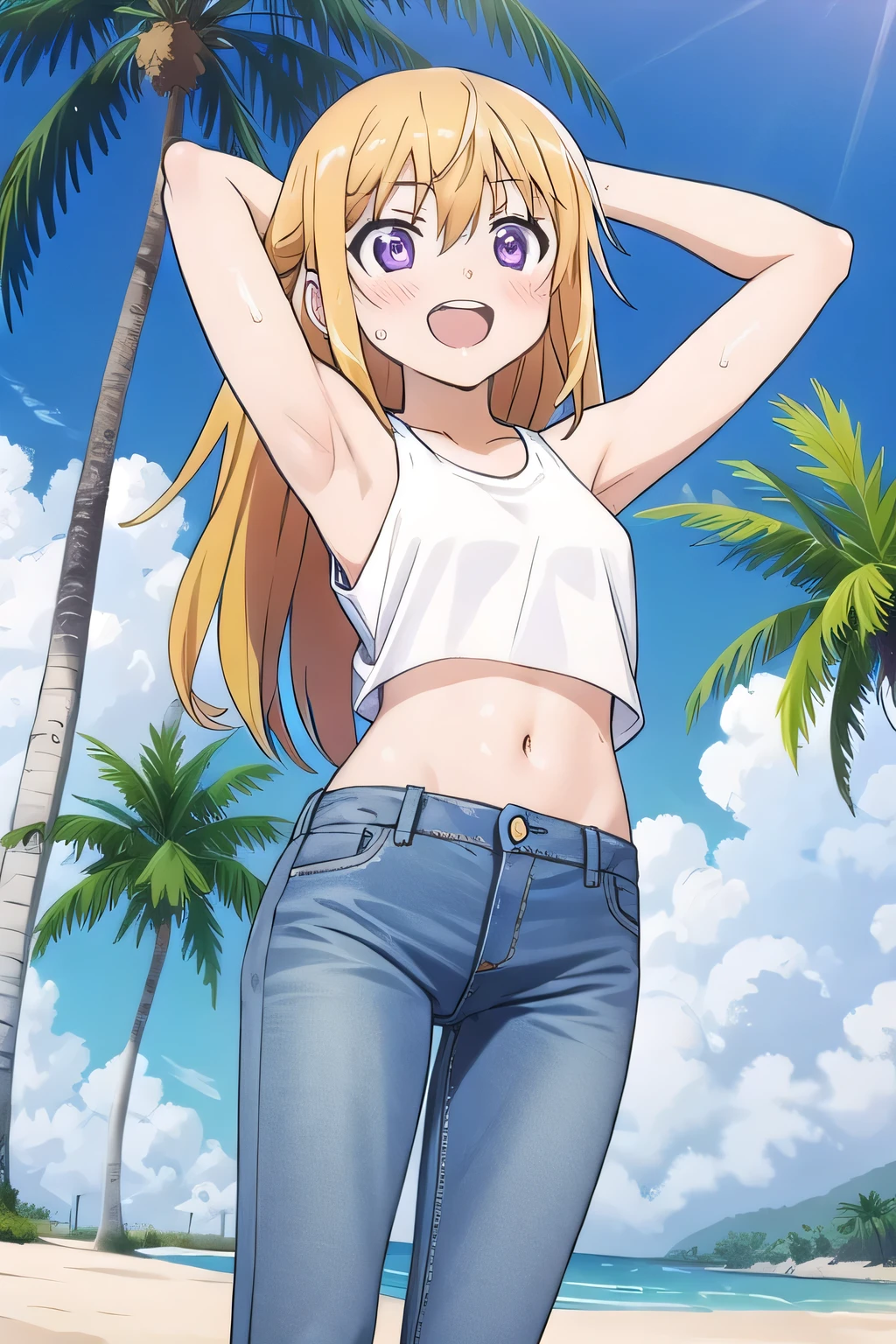masterpiece,best quality,ultra detail, ((Perfect Face, Perfect Arms, Perfect hands, Perfect Fingers)), 1girl, 14yo, petite, ((round face, , , drooping eyes, shame smiling, blush)), dropping eyes, sleepy, Open mouth, ((White teeth)), background((under the beach, (day:1.2), palm tree, bright sky)), charlotte dunois, long hair, blonde hair, ribbon, hair ribbon, (purple eyes:1.1), ((arms behind head, hands behind head, fingers behind head)), contrapposto, spread armpits, looking at viewer,, (white tank top:1.2), (white crop top:1.2), (jeans pants:1.2, flares jeans:1.2, skinny jeans:1.2, blue jeans:1.2), standing, (legs spread:1.4),  pose, Sweaty , Steam from the , from below, whole body