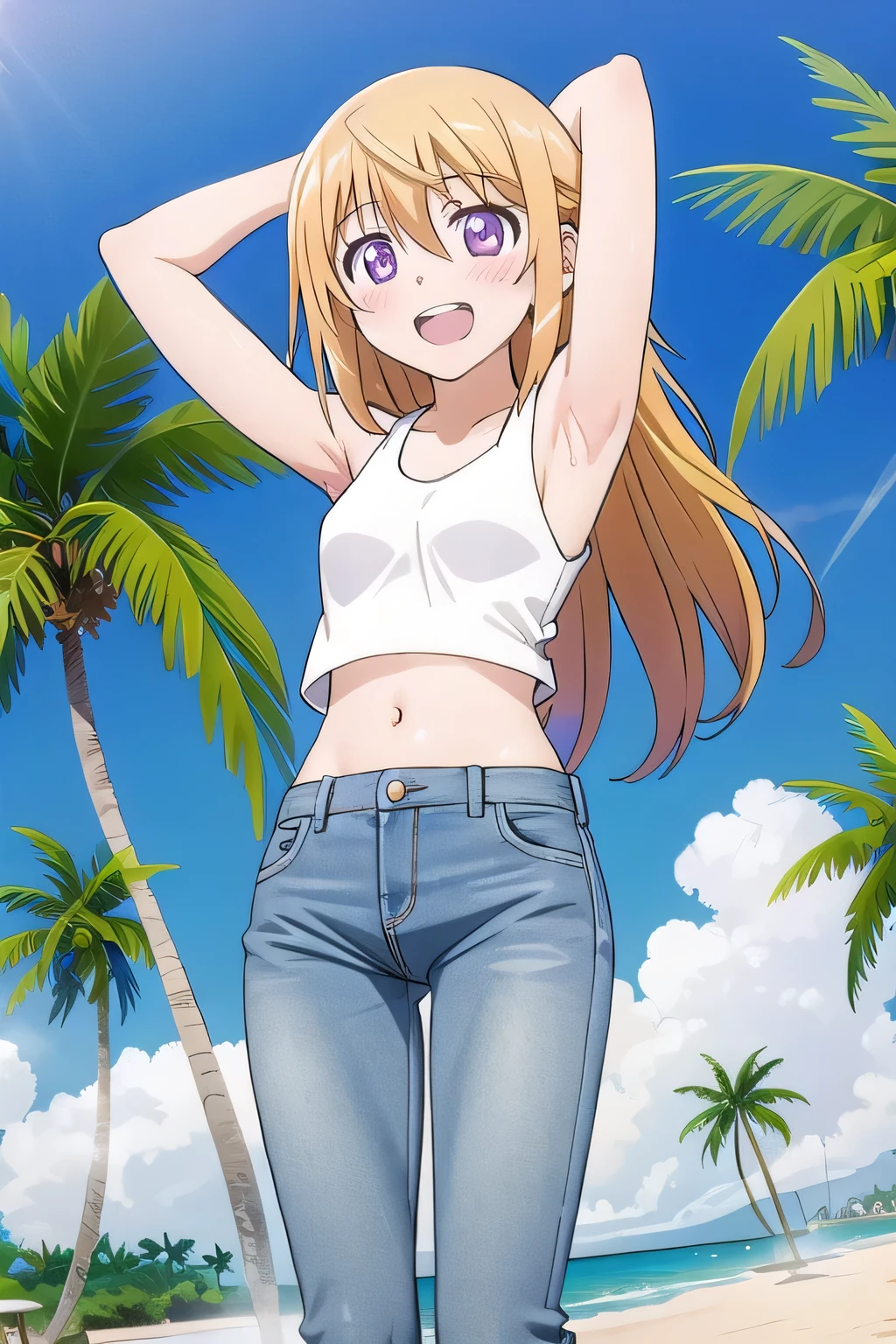 masterpiece,best quality,ultra detail, ((Perfect Face, Perfect Arms, Perfect hands, Perfect Fingers)), 1girl, , peti ((round face, ecstasy, orgasm face, drooping eyes, shame smiling, blush)), dropping eyes, sleepy, Open mouth, ((White teeth)), background((under the beach, (day:1.2), palm tree, bright sky)), charlotte dunois, long hair, blonde hair, ribbon, hair ribbon, (purple eyes:1.1), ((arms behind head, hands behind head, fingers behind head)), contrapposto, spread armpits, looking at viewer,, (white tank top:1.2), (white crop top:1.2), (jeans pants:1.2, flares jeans:1.2, skinny jeans:1.2, blue jeans:1.2), standing, (legs spread:1.4), sex pose, Sweaty crotch, Steam from the crotch, from below, full medium body