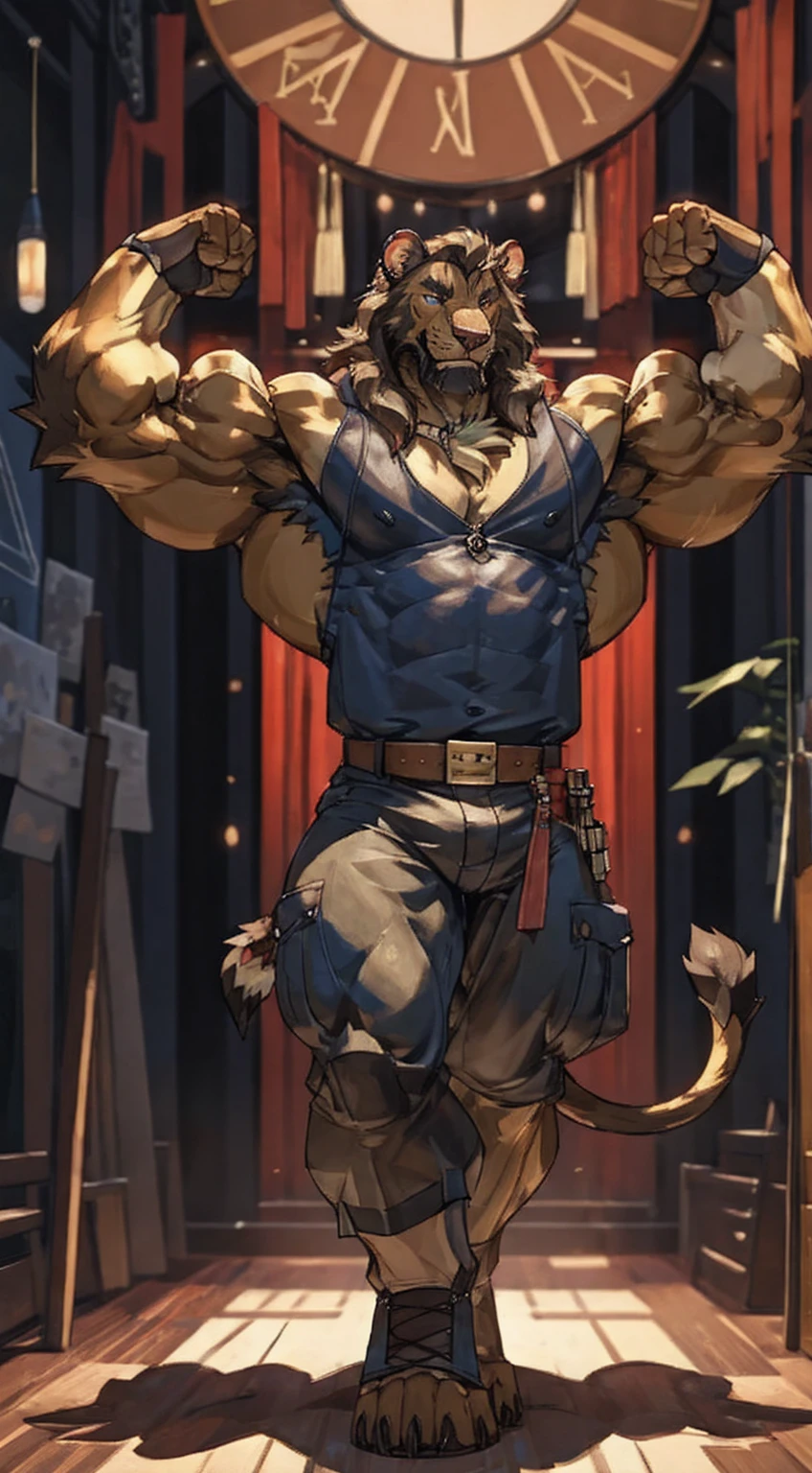 A realistic image of the Beast from the movie Beauty and the Beast, super muscular giant, with muscular arms, blue eyes, a tail, super furry with brown fur, horns facing backwards, wearing a yellow and blue X-Men uniform, with veins bulging, barefoot, in the garden of his castle, seen from the front showing his strength, lifting two extremely large and heavy alters