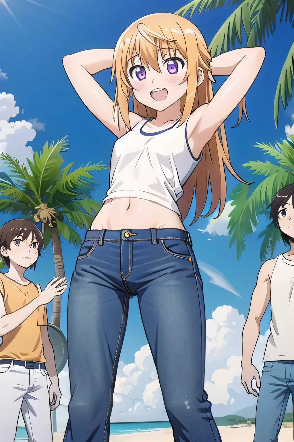masterpiece,best quality,ultra detail, ((Perfect Face, Perfect Arms, Perfect hands, Perfect Fingers)), 1girl, , petite, ((round face, ecstasy, orgasm face, drooping eyes, shame smiling, blush)), dropping eyes, sleepy, Open mouth, ((White teeth)), background((under the beach, (day:1.2), palm tree, bright sky)), charlotte dunois, long hair, blonde hair, ribbon, hair ribbon, (purple eyes:1.1), ((arms behind head, hands behind head, fingers behind head)), contrapposto, spread armpits, looking at viewer,, (white tank top:1.2), (white crop top:1.2), (jeans pants:1.2, flares jeans:1.2, skinny jeans:1.2, blue jeans:1.2), standing, (legs spread:1.4), sex pose, Sweaty crotch, Steam from the crotch, from below, full medium body