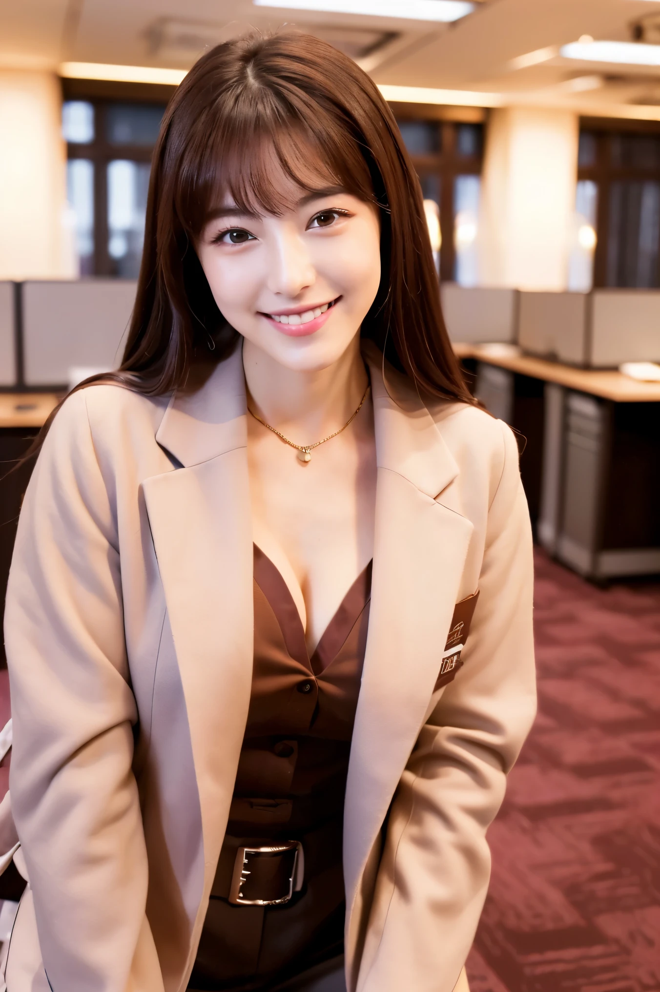 profile、Woman reading a book、Brown hair tied with ribbon、business suit、Spring Clothes、Cleavage(Very large breasts、Very thin and long legs、Perfect figure、High heels、whole body、smile)、1 female、No makeup、26 years old、(masterpiece、8K,RAW Photos、High resolution:1.4)
