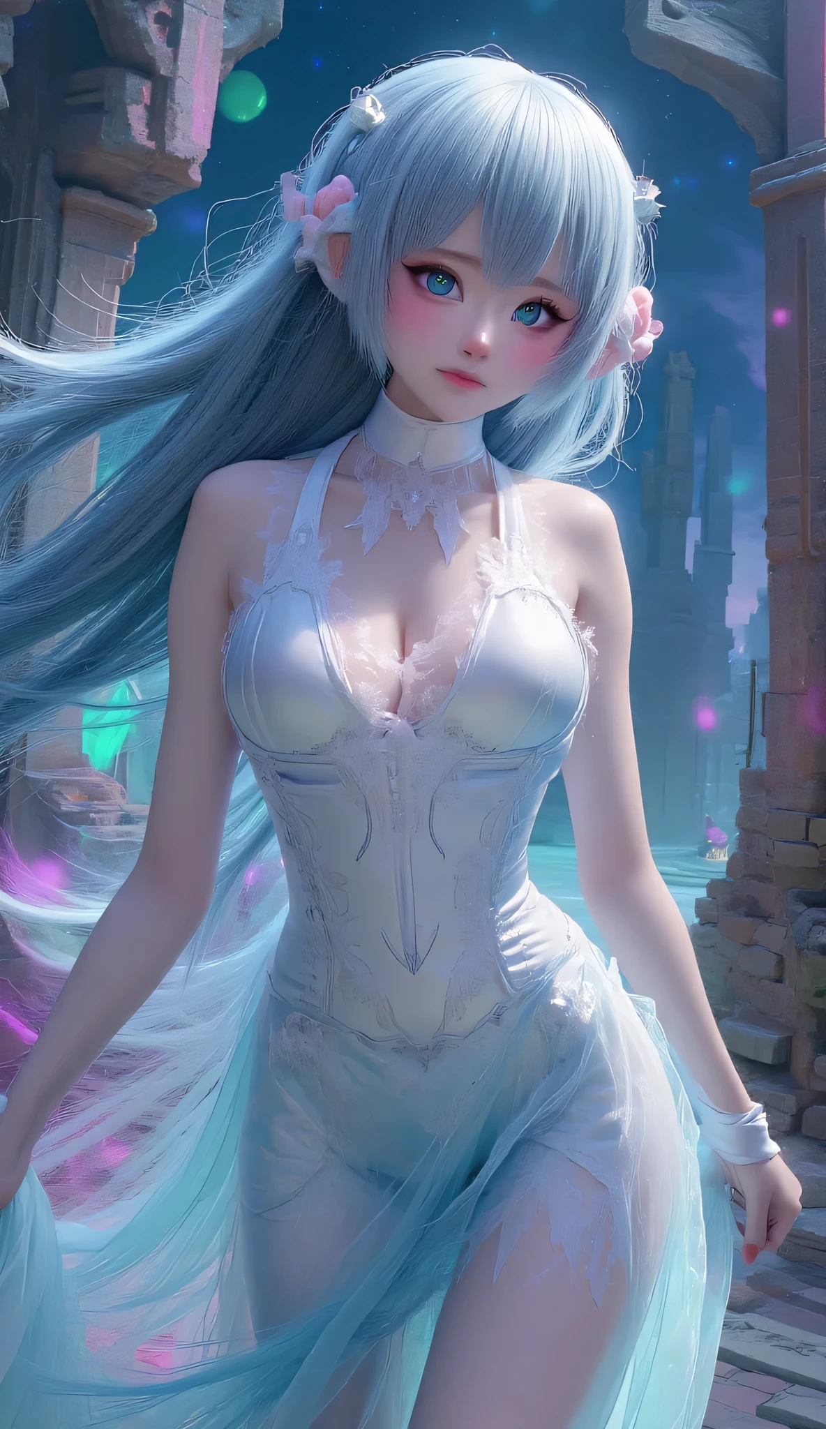 **" Anime girl with long , with iridescent silver hair , that flow , like streams of moonlight . Her eyes are emerald , deep, filled with magic and reflecting the infinity of the universe. Her face has a light blush , are in the air and under her eyes there are subtle freckles , that give her a gentle , natural charm . She is wearing a translucent dress , woven from the energy of the stars . Magical patterns flicker on the fabric , reminiscent of ancient symbols , flashing soft from time to time with . The edges of the dress are slightly dirty , as if they don't obey the laws of gravity . Floating magic glyphs , shimmering with soft shades of purple and blue . In the background there is a fantastic landscape : Floating Islands, ancient ruins, a starry sky with two moons and shining clouds . The whole space is filled with light particles of light , creating an atmosphere of mystery and magic . Her pose is elegant , Graceful, with a slight hint of shyness , but in her eyes there is wisdom and inner strength . She is surrounded by an aura of magic , that makes her look like the goddess of starlight."**