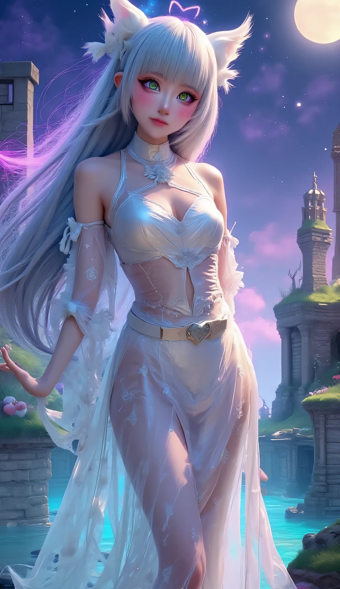 **" Anime girl with long , with iridescent silver hair , that flow , like streams of moonlight . Her eyes are emerald , deep, filled with magic and reflecting the infinity of the universe. Her face has a light blush , are in the air and under her eyes there are subtle freckles , that give her a gentle , natural charm . She is wearing a translucent dress , woven from the energy of the stars . Magical patterns flicker on the fabric , reminiscent of ancient symbols , flashing soft from time to time with . The edges of the dress are slightly dirty , as if they don't obey the laws of gravity . Floating magic glyphs , shimmering with soft shades of purple and blue . In the background there is a fantastic landscape : Floating Islands, ancient ruins, a starry sky with two moons and shining clouds . The whole space is filled with light particles of light , creating an atmosphere of mystery and magic . Her pose is elegant , Graceful, with a slight hint of shyness , but in her eyes there is wisdom and inner strength . She is surrounded by an aura of magic , that makes her look like the goddess of starlight."**