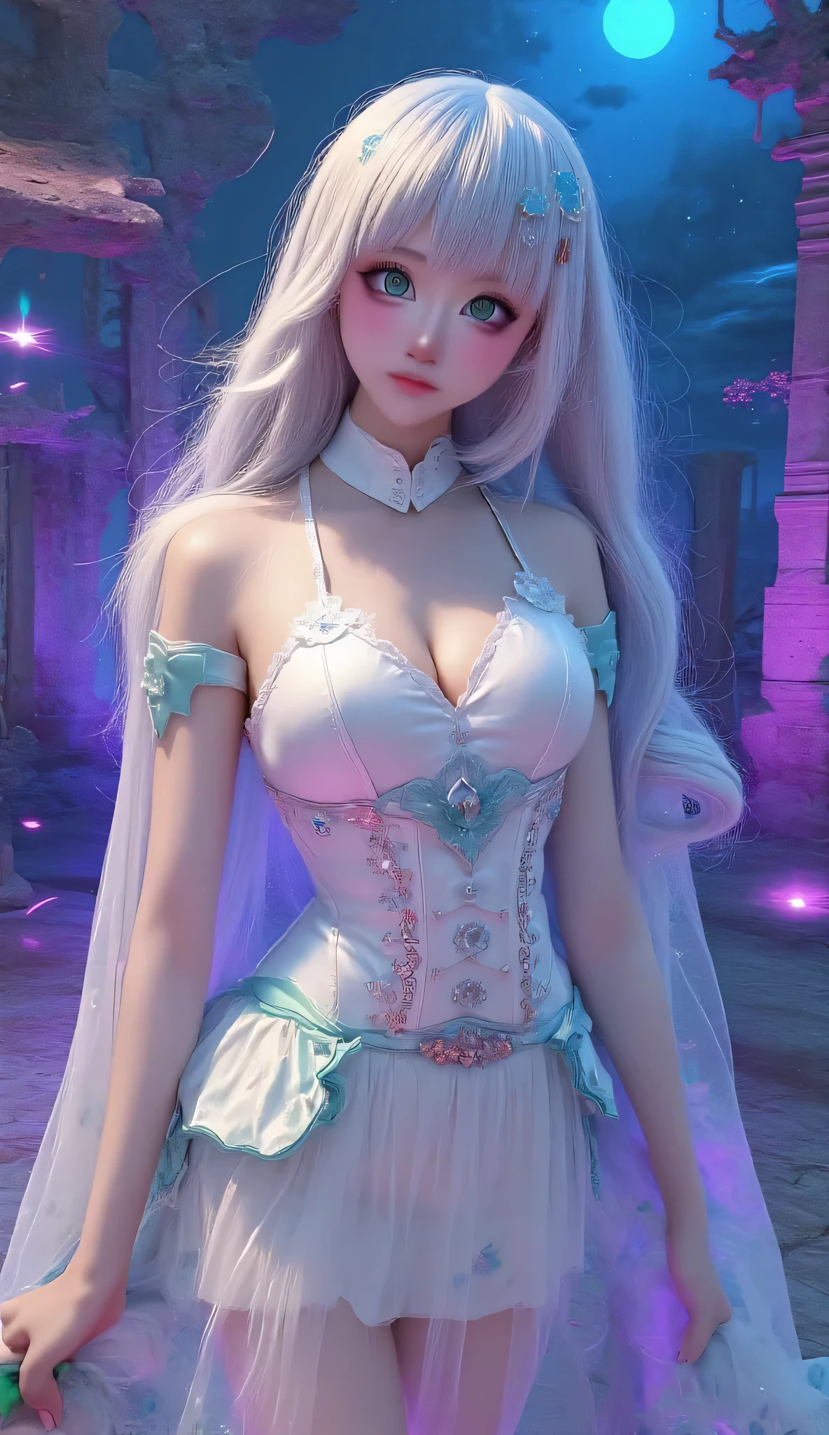 **" Anime girl with long , with iridescent silver hair , that flow , like streams of moonlight . Her eyes are emerald , deep, filled with magic and reflecting the infinity of the universe. Her face has a light blush , are in the air and under her eyes there are subtle freckles , that give her a gentle , natural charm . She is wearing a translucent dress , woven from the energy of the stars . Magical patterns flicker on the fabric , reminiscent of ancient symbols , flashing soft from time to time with . The edges of the dress are slightly dirty , as if they don't obey the laws of gravity . Floating magic glyphs , shimmering with soft shades of purple and blue . In the background there is a fantastic landscape : Floating Islands, ancient ruins, a starry sky with two moons and shining clouds . The whole space is filled with light particles of light , creating an atmosphere of mystery and magic . Her pose is elegant , Graceful, with a slight hint of shyness , but in her eyes there is wisdom and inner strength . She is surrounded by an aura of magic , that makes her look like the goddess of starlight."**