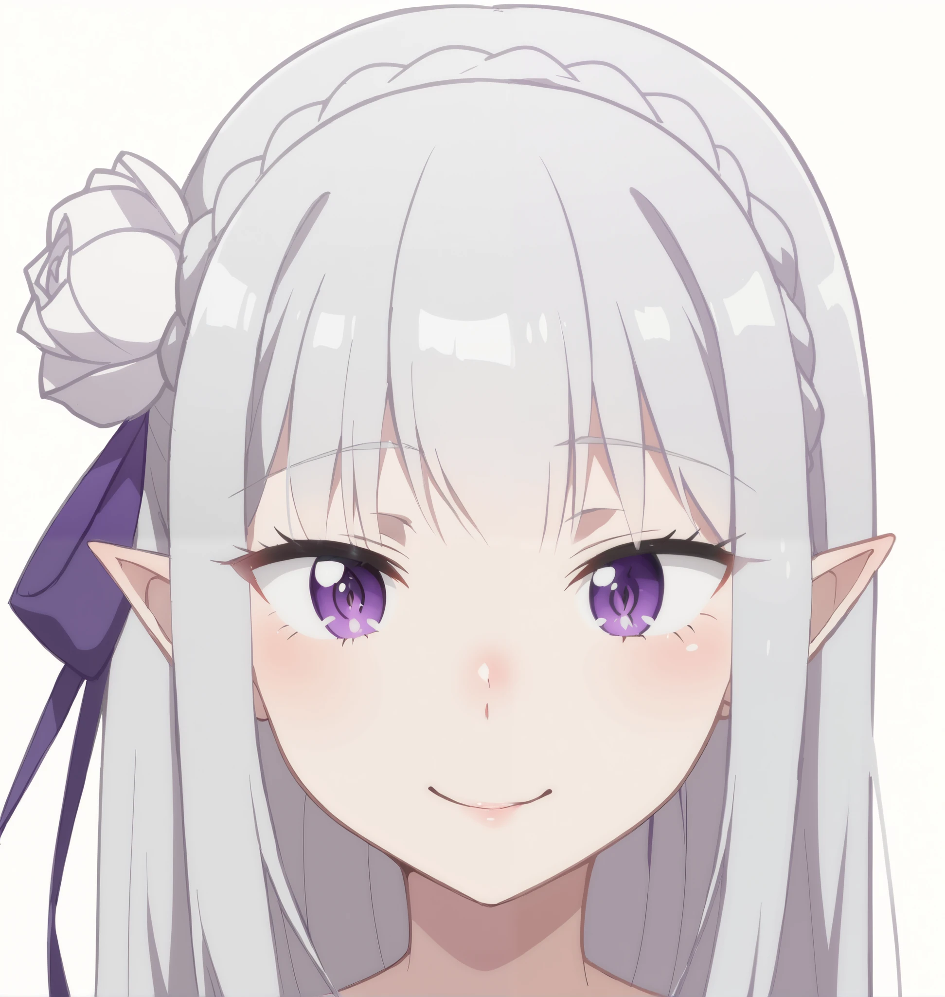 emilia, naked, pale white skin, age body, silver hair, smile, purple eyes, nose, nostrils, lower lip, long hair, white rose in hair, purple ribbon, ears, shoulders, very thin body, (faithful to the original design), detailed face, ((re zero style)),