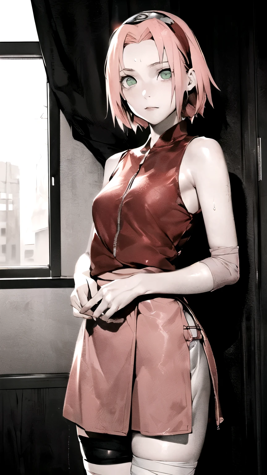 (masterpiece,best quality)),{ DATE_artstyle_LoRA(1.2( : Manga_Style } {horror_edit} { semi_monochrome : gloomy_atmosphere } { :{ Haruno_Sakura : Green_eyes : pink_hair : forehead : short_hair : perfectly_small_shaped_breast: perfectly_slender_body : flawless_skin } { : red dress, bandaged leg, skirt, , black short, sleeveless ,,}} {standing : obedient : } { no_emotion : hypnotic_eyes : hypnotized_eyes : lazy_eyes} { sweating : } { : room : dark : }
