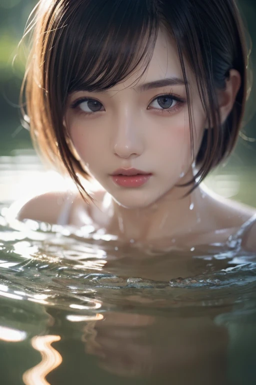 (((Misako Renbutsu)))Beautiful Young Female with Silver Fox Tail in Lake, extremely delicate and beautiful,Outstanding light and shadow,Clear and bright sunlight, Professional portrait (Face Closeup from below), Semi-nude photography, close up portrait of bathing in a lake, Oodles(Floating Petals), ((backlighting)) Sparkling water surface with Reflection and Refraction, ((Soaked Whole body in water)), ((beltbra)) Visible Upper breasts, {lens flare|Shade|bloom|[chromatic aberration]}, TopQuality Masterpiece of 8K Ultra-detailed DigitalPainting (by Jeremy Lipking)  (Breasts Hiding in Under Water)
