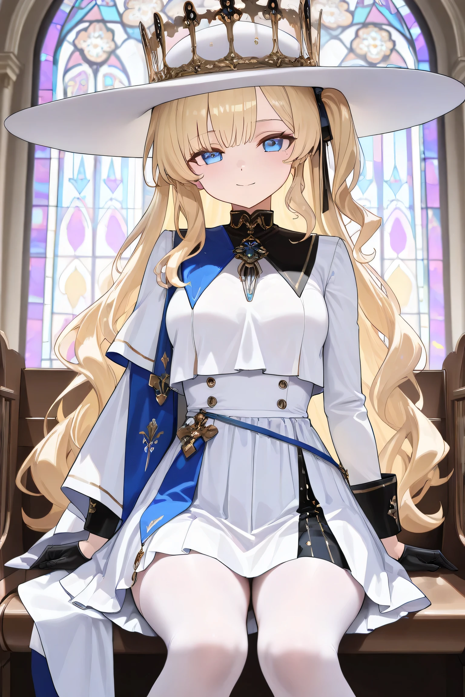 (Best quality, 4k, 8k, high resolution, masterpiece:1.2), ultra detailed, intricate details, SOLO, beautiful girl, alone, long wavy blonde hair, bangs, blue eyes, small-medium breasts, perfect smooth skin, looking at viewer, slight smile, head tilted, loose white crop top, a short white wavy skirt, black gloves, white waist-high stockings, She has a white hat adorned with a crown-like accessory in a bluish-purple hue, and a side hair ribbon that is white with gold stripes. Sitting gracefully on a wooden church pew inside a grand white church with blue and gold accents, tall stained glass windows, intricate golden chandeliers, ethereal lighting filtering through the windows