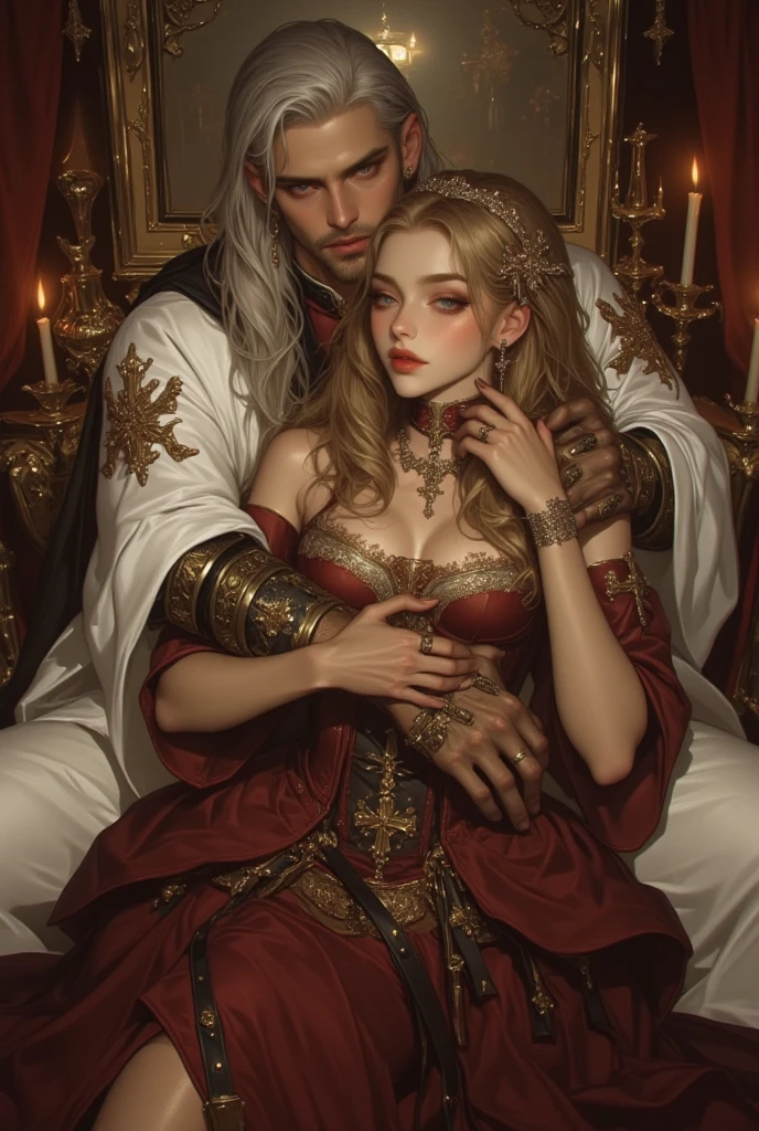 28 Jahre,a beautiful young woman, lange goldene geflochtene Haare, hogwarts haus Griffindor, langer roter Umhang, bare breasts, bare breasts, golden lion necklace around the neck, Hogwarts im Hintergrund, holds red fire in his hand, Hand brennt rot,