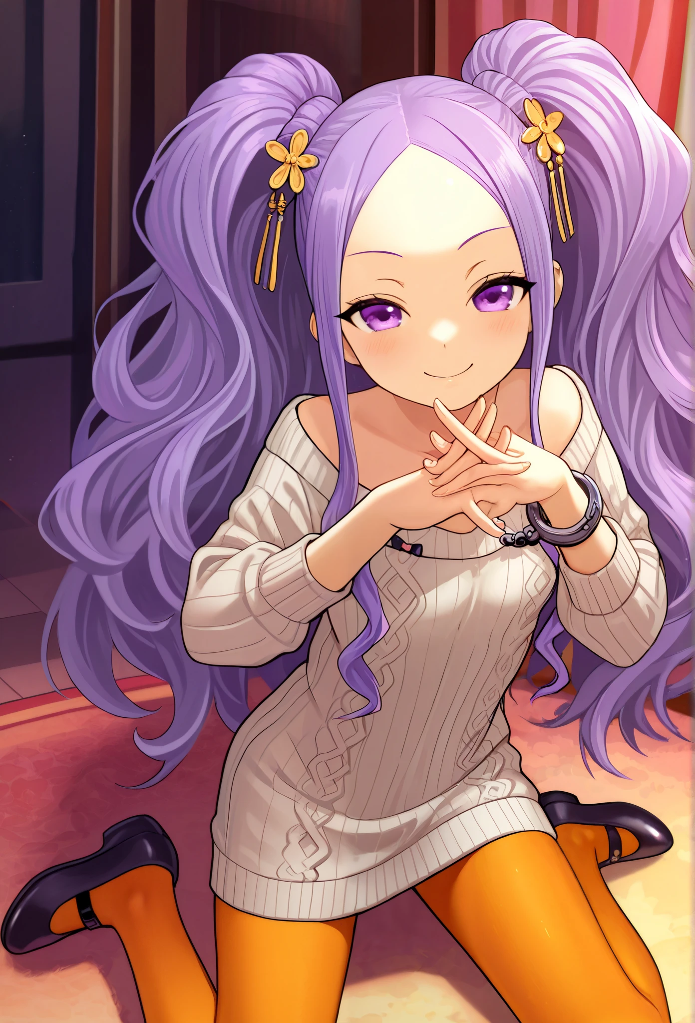 1 part-time girl , long hair, purple hair, PURPLE EYES , double ponytail, Forehead, Bow hairpin, long sleeve gray hip cover sweater, Pinch your cuffs , high quality , very beautiful , absurd, high res , Latest, Orange pantyhose, DANCE SHOES , Raise your hands, Smile
