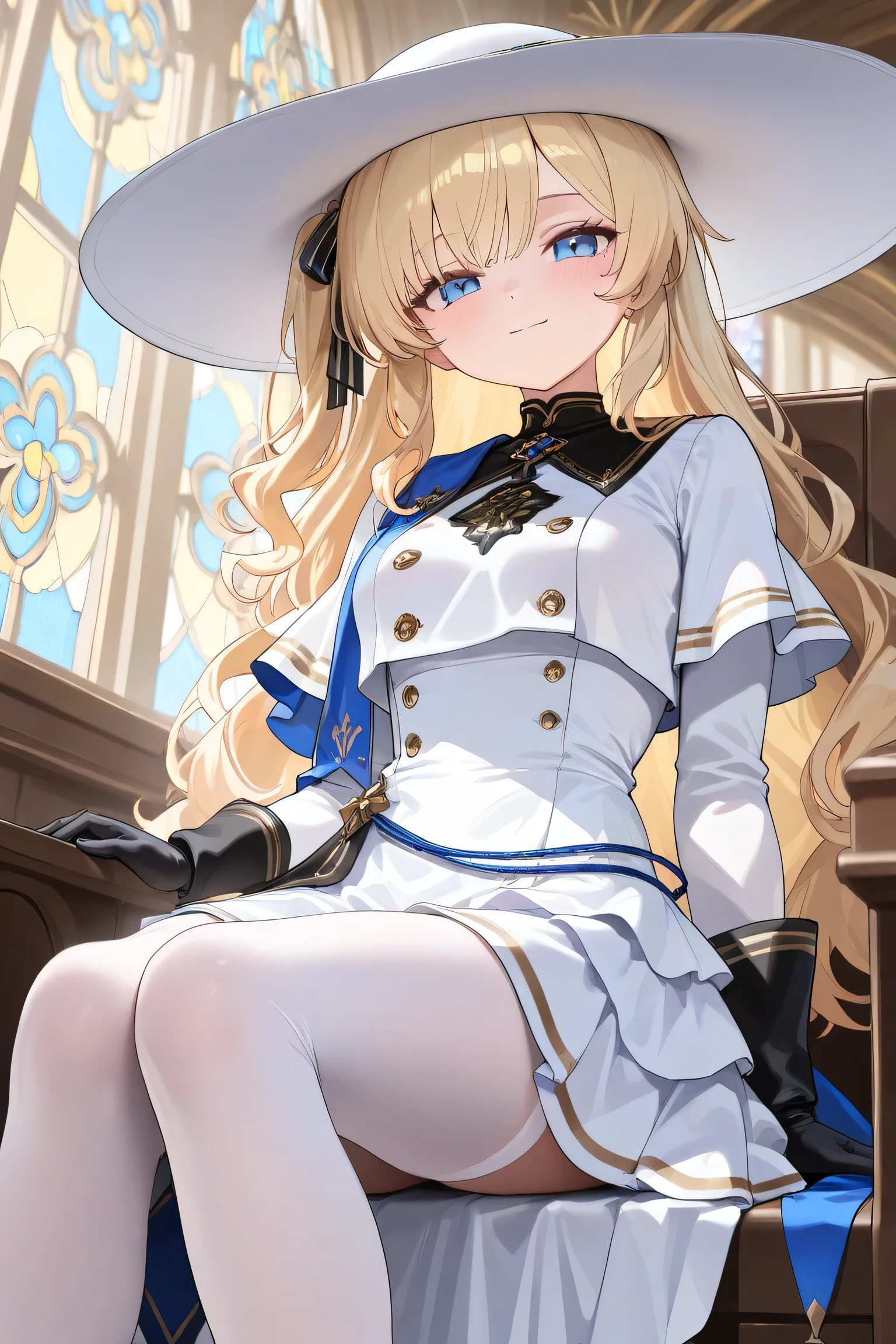 (Best quality, 4k, 8k, high resolution, masterpiece:1.2), ultra detailed, intricate details, SOLO, beautiful girl, alone, long wavy blonde hair, bangs, blue eyes, small-medium breasts, perfect smooth skin, looking at viewer, slight smile, head tilted, loose white crop top, a short white wavy skirt, black gloves,  white waist-high stockings, She has a white hat adorned, side hair ribbon that is white with gold stripes. Sitting gracefully on a wooden church pew inside a grand white church with blue and gold accents, tall stained glass windows, intricate golden chandeliers, ethereal lighting filtering through the windows