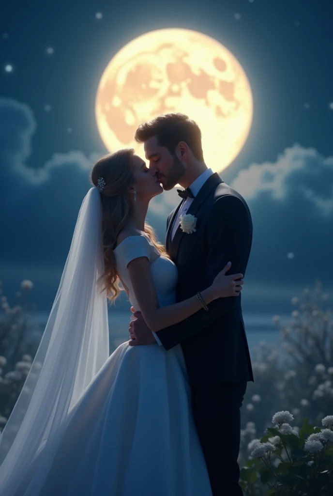 a romantic couple on a starry night under a full moon, bride in a wedding dress, groom in tuxedo, romantic, detailed, cinematic, realistic, moonlight, stars, dramatic lighting, (best quality,4k,8k,highres,masterpiece:1.2),ultra-detailed,(realistic,photorealistic,photo-realistic:1.37),dramatic, cinematic composition, beautiful night sky, glowing moon, sparkling stars, elegant wedding attire, loving embrace, soft focus, warm color palette, dramatic chiaroscuro lighting