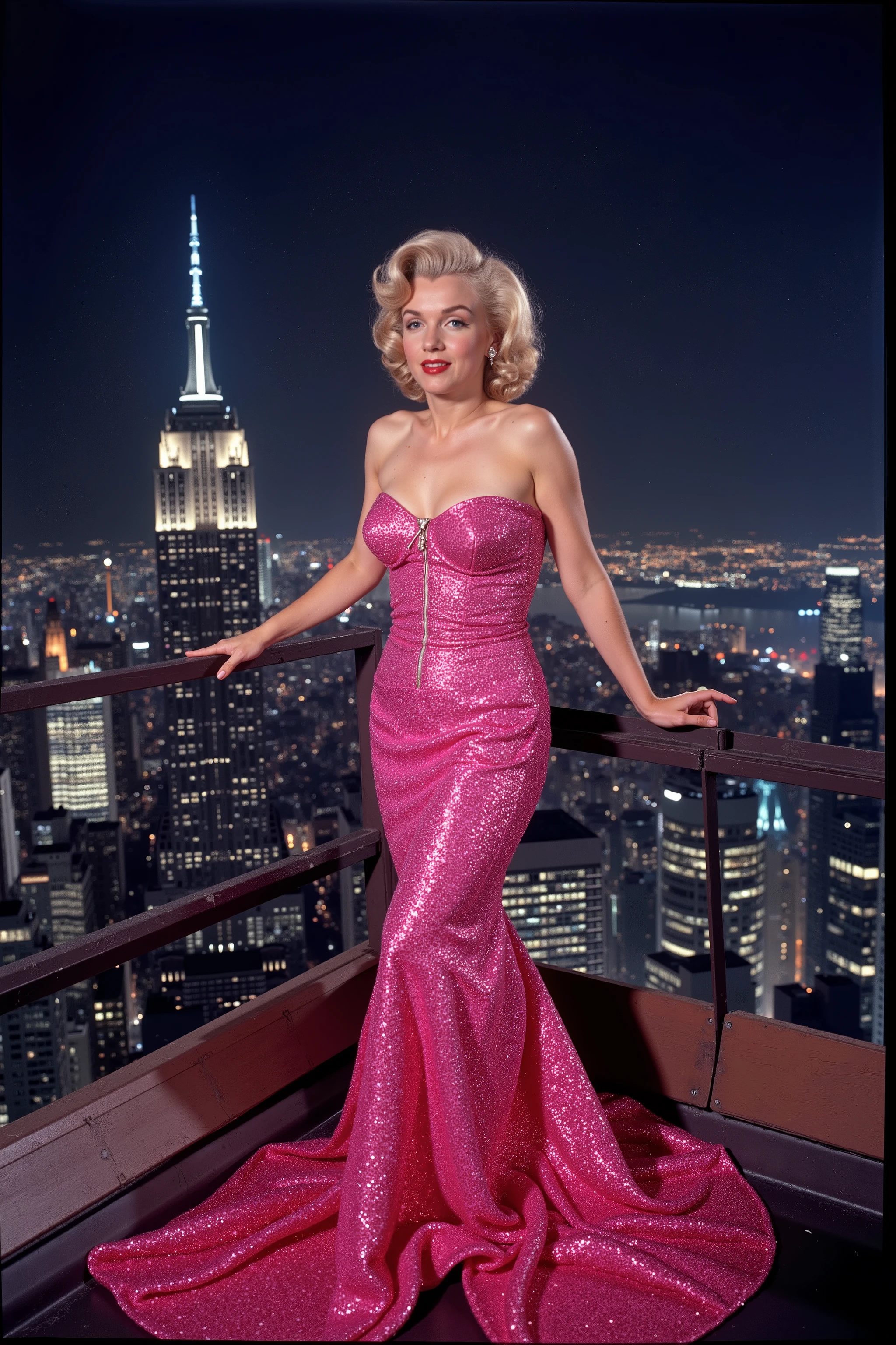 <Lora:m3r1l. Marilyn Monroe is posing at night on the roof of the Empire State building. Make up, red lipstick, beauty mole. The dress she is wearing is a bright pink mermaid style with the bottom spreading out in a wide circumference around her feet. Made of sequence and such a highly reflective material that the spotlight on her produces mad sparkle and ripples of color and optical illusions that reverberate in patterns of waves that swirl all around her. She is inches from the edge and the view behind her is endless. Vertigo. Ultra realistic, photorealistic ,Ultra detailed,Portrait photography,surrealism,hyperrealism, Sparkle, Optical Illusion, Glowing Light, Reflective Light, Overexposure, Backlighting,full focus,Awe inspiring, Breathtaking, Indescribably Beautiful, Heaven sent images, Best Quality, Award Winning, Masterpiece.
