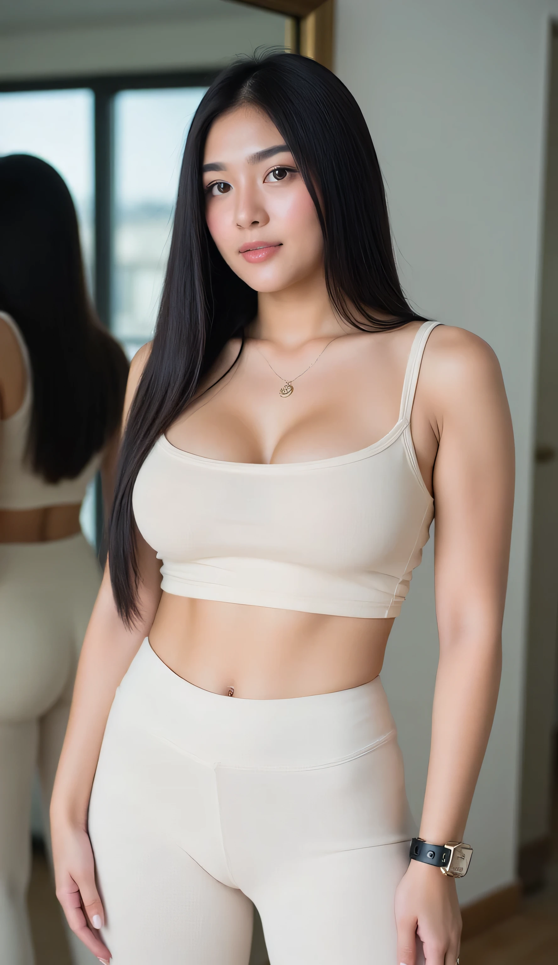 Stunning beautiful woman photo, wide angle, full body model. She is Asian woman, sharp beautiful face, full lips, fair skin. She has long straight black hair. She has a good figure, she is slim. She has big boobs, big butt. She wears a thin fabric tight workout shirt, a small cream-colored strapless crop top. She does not wear a bra, showing her cleavage and plump labia. She wears cream-colored tight workout pants, showing her pubic hair, showing her plump labia, showing the curves of her body proportions. She stands showing her beautiful figure and looking at the camera, in the gym, behind her is a mirror.