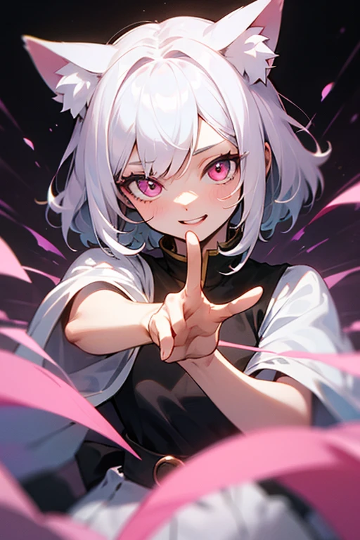((masterpiece、top-quality))、(独奏)、(female focus)、(Ahoge、white hair、short-hair)、Black eye、lightsmile、placket、(White shirt)、(buttonGap)、(Black skirt)、is standing、The background is divided into purple and yellow and green and light blue、back arms、dynamic ungle