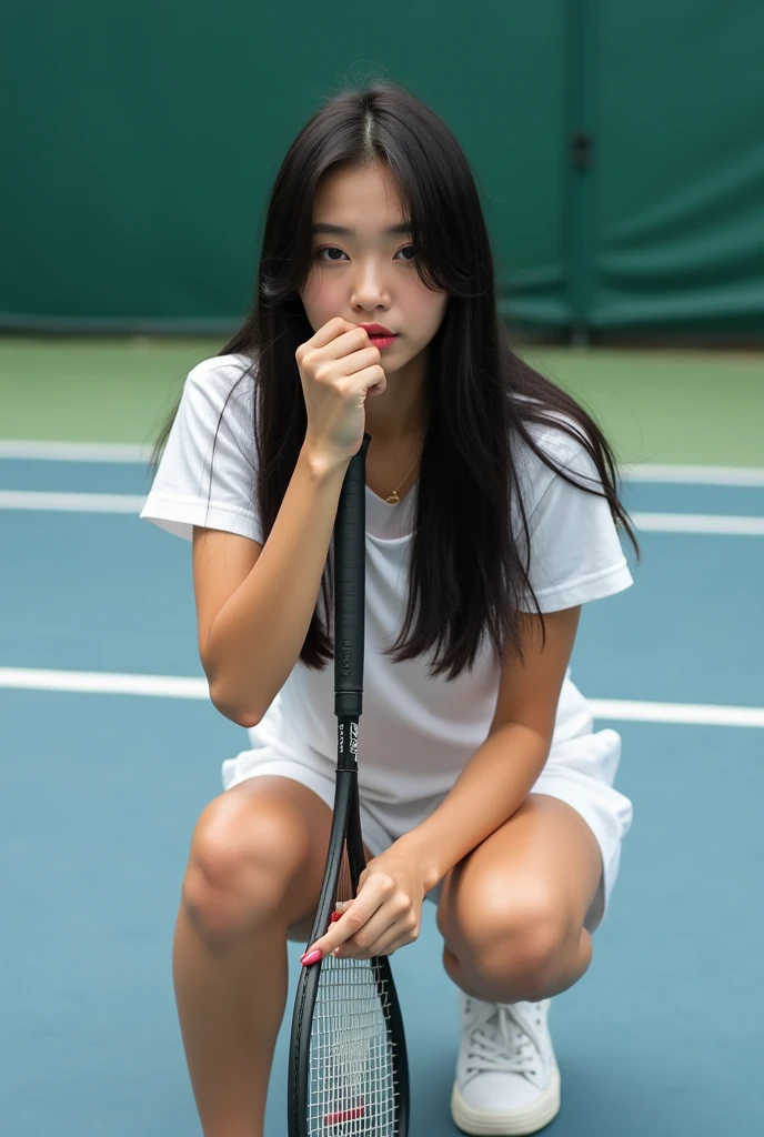 Full body photo、Small breasts、((Highest quality, 64k, masterpiece :1.3))、(((Hyperrealistic)))、looking at the camera、A very beautiful 28 year old Japanese female professional tennis player gets facialized, (((White semen overflows from her mouth and drips down to her chest.)))、Licking up the overflowing semen with the tip of her tongue、Short bob hairstyle a little messy after sex、The whole body is wet with sweat、(((Bust size is B cup)))、(((The breasts are small)))、Sitting with legs apart on a bench in the corner of an indoor tennis court、((Wearing black tennis wear))、Her mouth is open, unable to withstand the sexual pleasure、 Highest quality,(RAW Photos:1.2),(masterpiece:1.4),(Realistic:1.4)、Moist eyes、Beautiful black eyes.bukkake、(((Smaller breasts)))、A small mole under the right eye、Accurate body proportions and realistic details