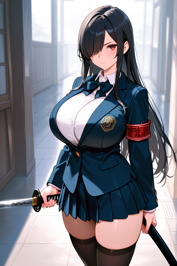 8k,masterpiece, best quality, ultra detailed, high resolution, super fine illustration, 1girl, solo, red eyes, black hair,long hair, hair over one eye, sidelocks,huge breasts, school uniform, jacket, collared shirt, bowtie, miniskirt, thighhighs, arm band,holding katana, cowboy shot,