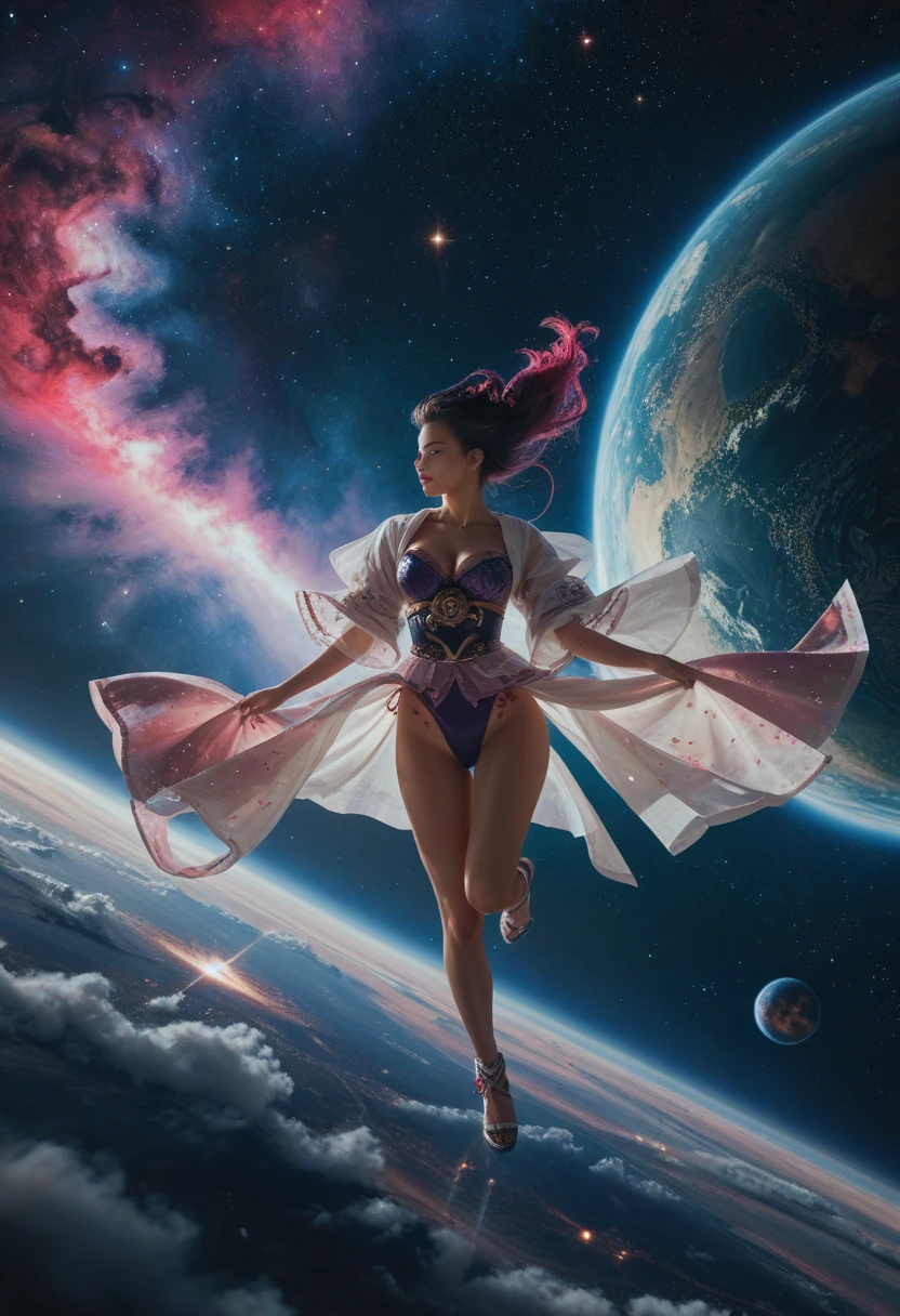 1girl, solo, silhouette, looking looking up at the sky, see-through kimono, naked underneath, large breasts, from side, dramatic space scene, nebula, backlighting