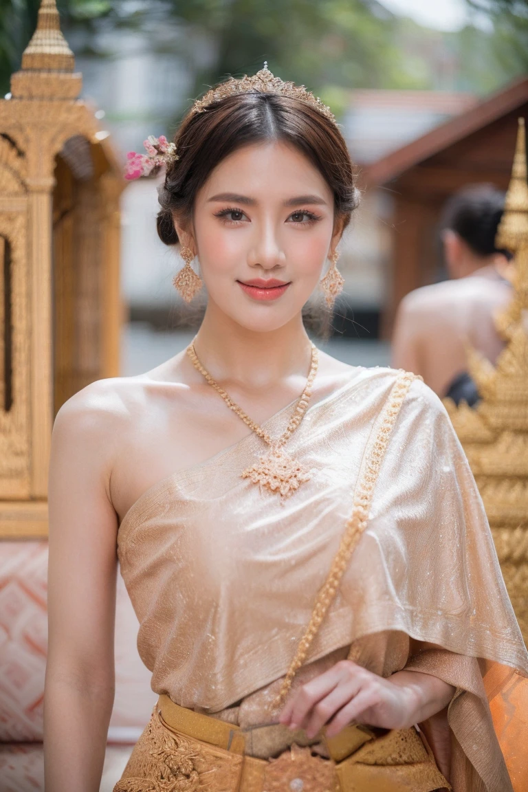 best quality : 1 woman , Thai girl in traditional Thai dress, bright pink and purple, complex pattern, Highly detailed, Beautiful smile,Look up at the audience., beautiful girl's body,The face is beautiful., Sharp and realistic., big, หน้าอกสวยbigโต, Hip fart, Wear luxurious diamond jewelry.., Pose professionally, colorful flower garden background, staring at the audience, Realistic 8K, UHD, Highly detailed, The surface is textured., Anatomically correct, best quality, 16k, UHD