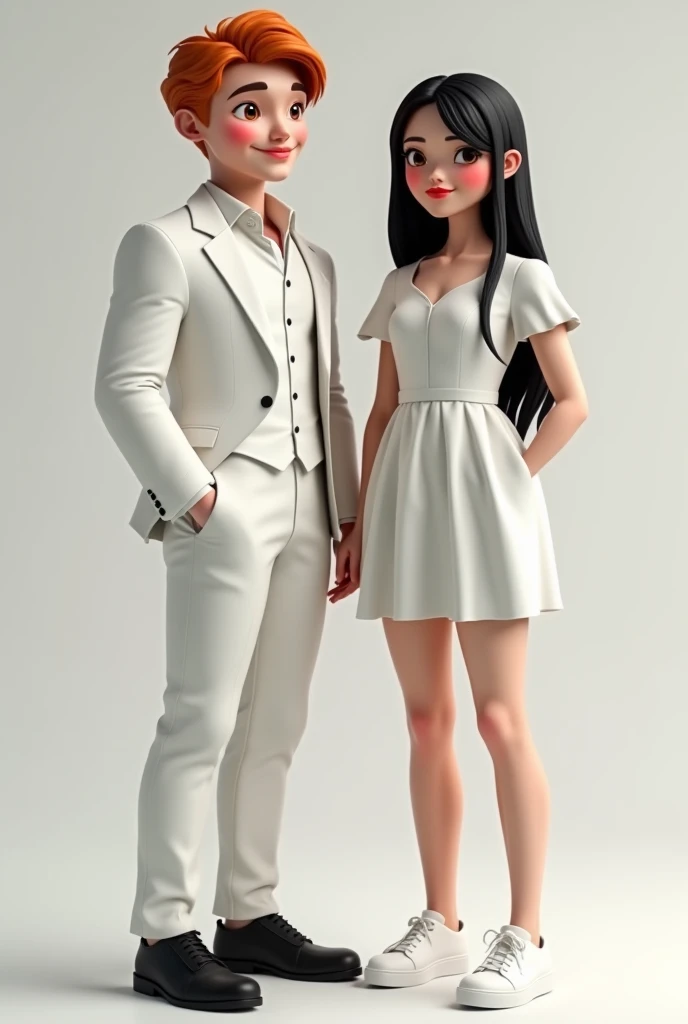 A wife and husband

The wife wears red dress and looks very slim, her face is long. She looks strict and young. She has a mole on her mouth. She has black curly hair. She taller than the husband.

The husband is white, he wears white shirt, black baggy jeans, his face is long too. He looks old and kind. He is short, he has black hair and bald

The background is American house

Draw it in 3D