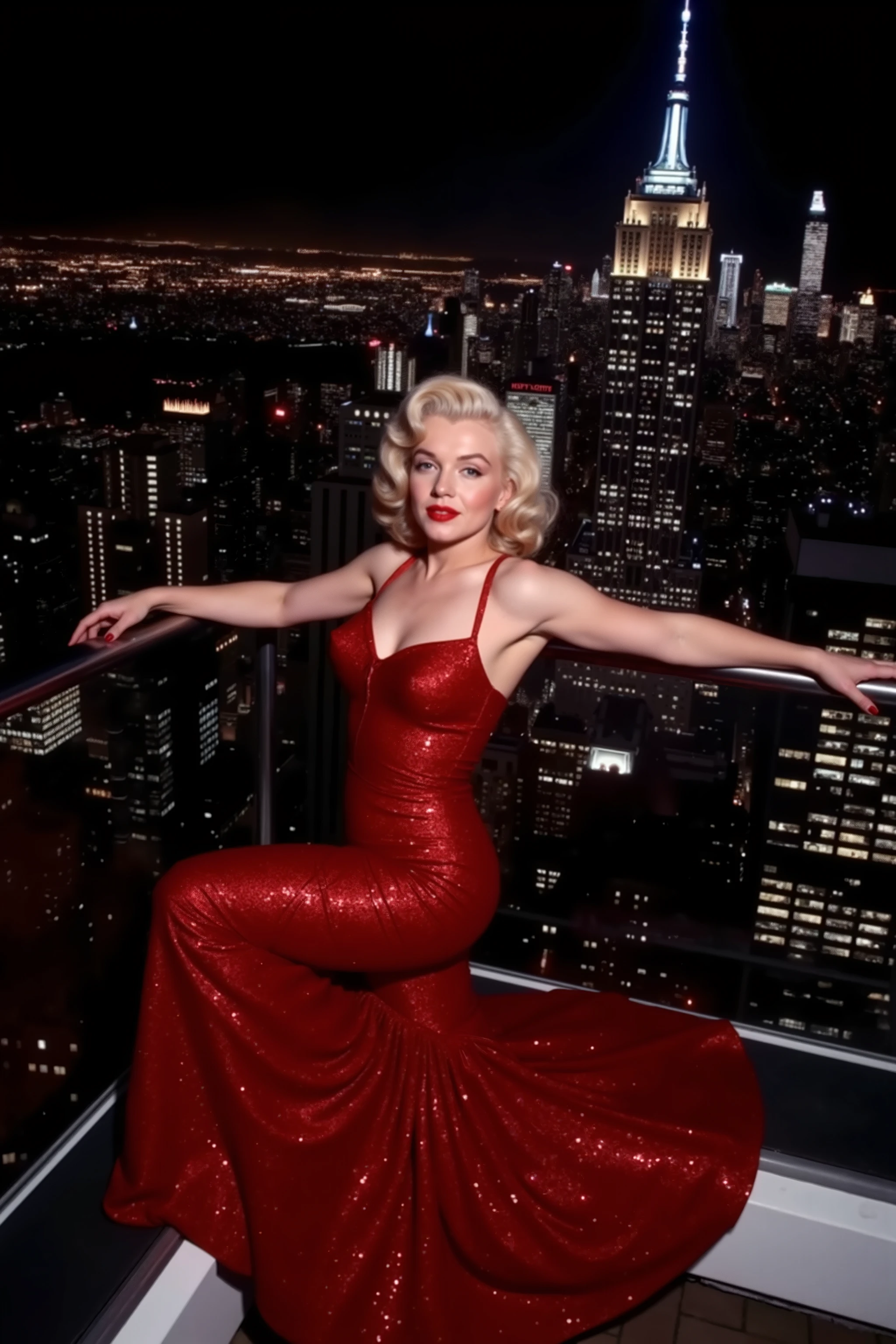 <Lora:m3r1l. Marilyn Monroe is posing at night on the roof of the Empire State building. Make up, red lipstick, beauty mole. The dress she is wearing is a bright red mermaid style with the bottom spreading out in a wide circumference around her feet. Made of sequence and such a highly reflective material that the spotlight on her produces mad sparkle and ripples of color and optical illusions that reverberate in patterns of waves that swirl all around her. She is inches from the edge and the view behind her is endless. Vertigo. Ultra realistic, photorealistic ,Ultra detailed,Portrait photography,surrealism,hyperrealism, Sparkle, Optical Illusion, Glowing Light, Reflective Light, Overexposure, Backlighting,full focus,Awe inspiring, Breathtaking, Indescribably Beautiful, Heaven sent images, Best Quality, Award Winning, Masterpiece.