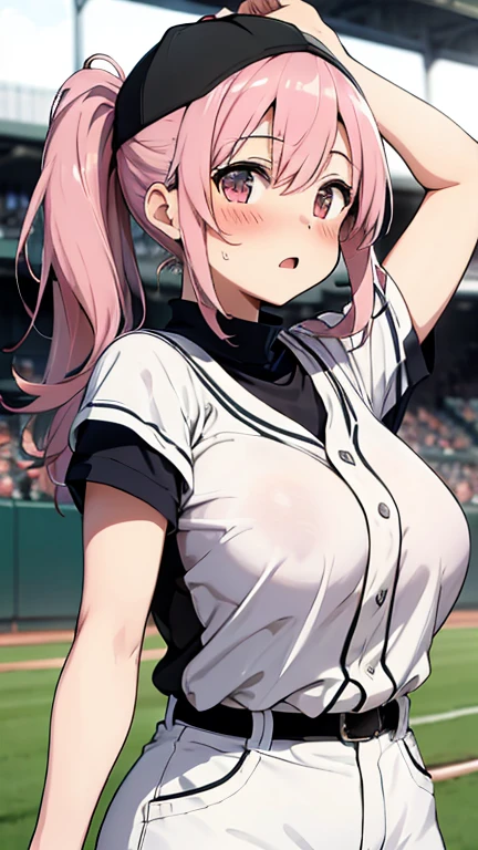 (8K, top-quality, masterpiece:1.2), (reallistic, Photorealsitic:1.37), Super Detail, One girl,), (Highly detailed), (beautifully detailed eyes), (of the highest quality), (super detailed ), (masterpiece), (Detailed face),20yr old, ,1 girl, ((pink hair,long hair)), medium breasts, clothed, Perfect Lighting, BREAK, (glossy baseball uniform:1.5), royal blue, red stripes, (short sleeve top:1.2), V-neck, white trim, (baseball gloves:1.1), choker, diamond stud earrings, (satiny fabric:1.2), linen, (high waist shorts:1.1), red sports socks, baseball spikes, BRAKE, (bust up photo:1.2), long pink hair, wavy, (voluminous hair:1.1), cute expression, slightly open mouth, tilted head, (sexy:1.2), face turned slightly, chest touching pose, hands on chest, one leg forward, (baseball stadium lights:1.1), brown and green background, spotlight effect, (shadowy:1.1), BRAKE (sweat:1.5), (steam:1.2), (masturbation:1.2), (girl trembling with sexual climax:1.1), (looking at viewer:1.3), (open mouth:1.2), (NSFW:1.3)