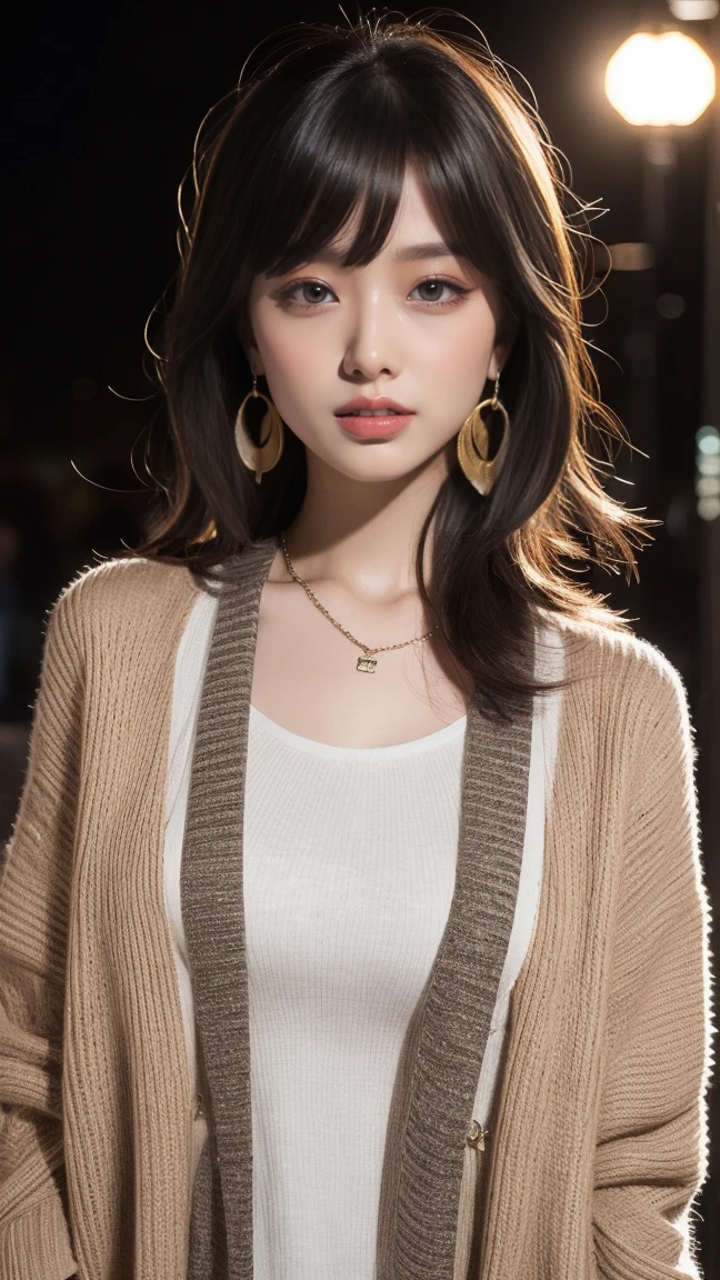 (Masterpiece:1.3), (8K, Photorealistic, Raw photography, Best Quality:1.4), (1girl), Beautiful face, Realistic face, (Detailed face), Beautiful hairstyle, (Detailed hair), Realistic eyes, (Detailed eyes), Beautiful details, Realistic skin, (Detailed skin), Beautiful skin, Attractive, Ultra high definition, A hyper-realistic, Very detailed, (medium breasts:0.5), Japanese beauty, (slim figure), (arafed image of a woman walking down a runway wearing a fur coat, sleek dark fur, tony roberts, flowing fur, Junya Watanabe, black fur, fall-winter 2015-2016, pelt, fur cape, inspired by Antonio Rotta, inspired by Zoran Mušič, 2 b, 2b), (), gentle smile, brown hair, (necklaces, earrings, bracelets), cute young Japanese girl, pretty young Japanese girl, BREAK (dark gray gradation background)